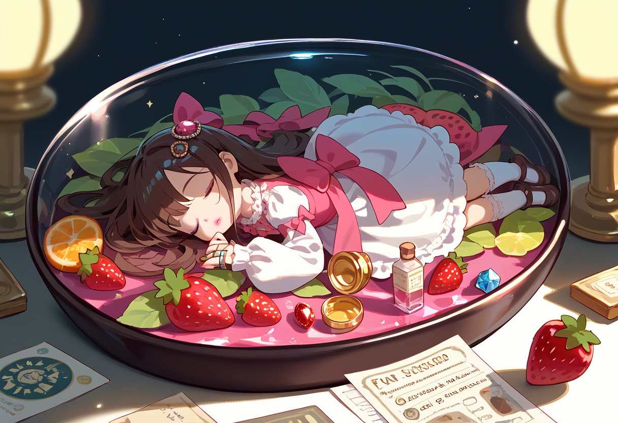 score_9, score_8_up, score_7_up, 1girl, blush, bottle, bow, brown_hair, closed_eyes, container, dress, english_text, food, frills, fruit, gem, hair_ornament, hairpin, in_container, jewelry, kneehighs, lipstick, long_hair, long_sleeves, lying, makeup, mini_person, minigirl, origami, paper, pearl_(gemstone), perfume_bottle, pink_bow, pink_gemstone, pink_ribbon, ribbon, ring, sleeping, socks, solo, sticker, strawberry, white_background, white_dress, white_footwear, cinematic lighting, volumetric streetlights, lighting, nighttime.. 