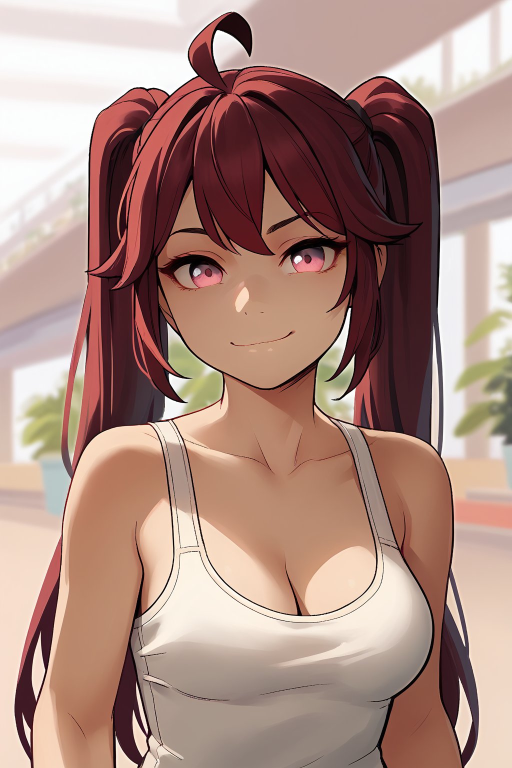 score_9, score_8_up, score_7_up, score_6_up, score_5_up, score_4_up, 
best quality, expressive eyes, perfect face, looking_at_viewer,
(black_hair), 1girl, long_hair, twintails, bra under tank top, bra, tank top, bangs, medium_breasts, cleavage, dark_eyes, haughty, pouting, smirk, taunt, seductive, pink_eyes, ahoge, solo, rating:safe, (face), face portrait view, standing in a modern mall, blurry_background, blurry_foreground.
cel shading art, hand-drawn graphic novel, beautiful color palette, perfect composition, cinematic, Concept art, good_hands,