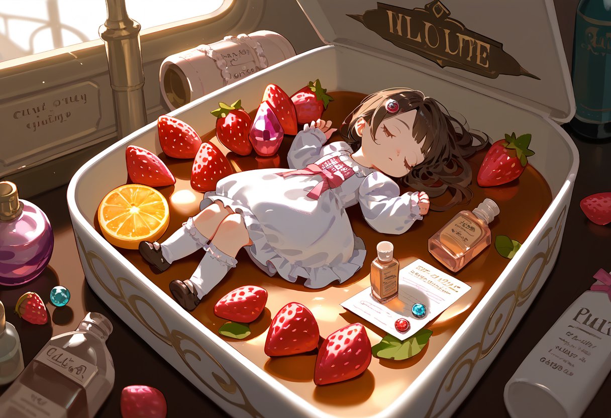 score_9, score_8_up, score_7_up, 1girl, blush, bottle, bow, brown_hair, closed_eyes, container, dress, english_text, food, frills, fruit, gem, hair_ornament, hairpin, in_container, jewelry, kneehighs, lipstick, long_hair, long_sleeves, lying, makeup, mini_person, minigirl, origami, paper, pearl_(gemstone), perfume_bottle, pink_bow, pink_gemstone, pink_ribbon, ribbon, ring, sleeping, socks, solo, sticker, strawberry, white_background, white_dress, white_footwear, cinematic lighting, volumetric streetlights, lighting, nighttime.. 