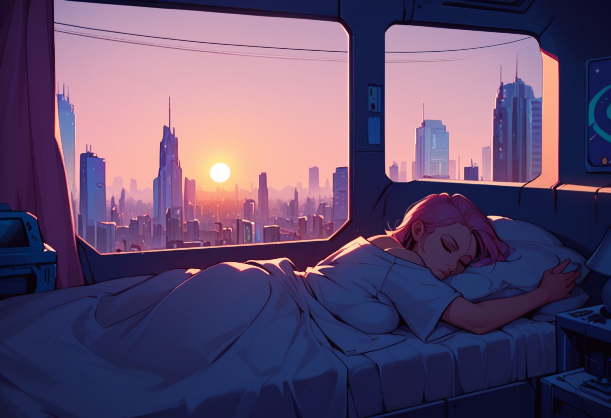 score_9, score_8_up, score_7_up, City, metropolis, with skyscrapers, a woman sleeping in a bed, against the backdrop of a pink sunset, pink and peach sky, the glare of the sun on the buildings, sun rays between buildings, without people, Futuristic future, adstech cinematic lighting, volumetric streetlights, lighting, nighttime..,cartoon,masterpiece