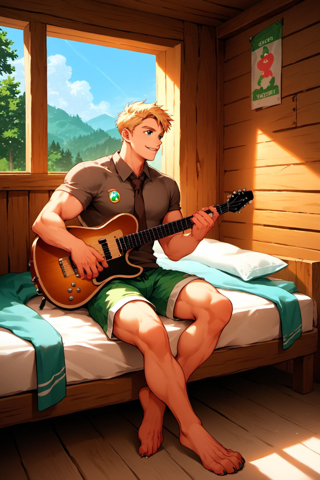 score_9, score_8_up, score_7_up, score_6_up, score_5_up, source_anime, good face, masterpiece, male focus, solo, toned_male, full body, Yoshi, Blonde Hair, Brown-Gray Shirt, muscle, Short Sleeves, Brown Necktie, Green Shorts, cabin, ((playing guitar)), sitting in bed, digitigrade_legs