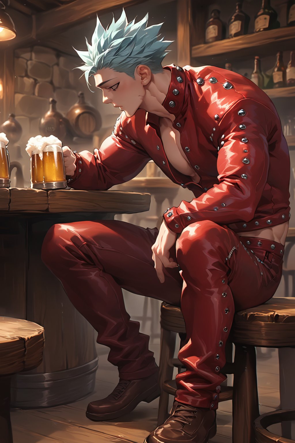 score_9, score_8_up, score_7_up, score_6_up, score_5_up, source_anime, male focus, solo, toned_male, muscle, full body, Ban7, tavern, sitting, drinking beer, Leather Jacket, Leather Pants, red, clothes, 