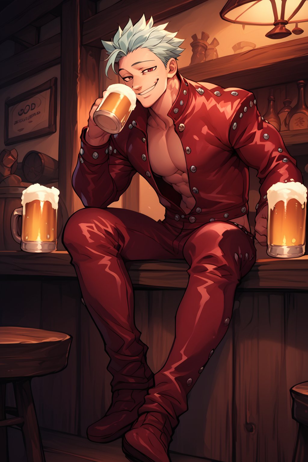 score_9, score_8_up, score_7_up, score_6_up, score_5_up, source_anime, male focus, solo, toned_male, slim, full body, Ban7, tavern, sitting, drinking beer, Leather Jacket, Leather Pants, red, clothes, good lighting, smile, masterpiece, Open Clothes