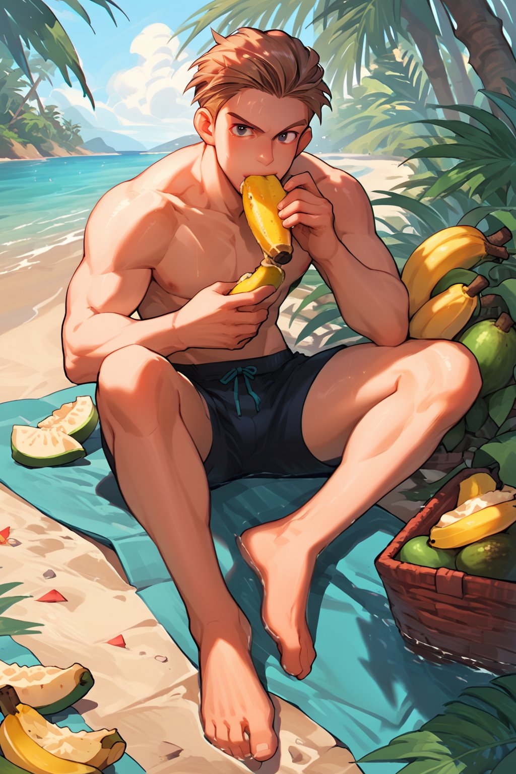 score_9, score_8_up, score_7_up, score_6_up, score_5_up, source_anime, male focus, solo, toned_male, looking_at_viewer, full body, pkmn_swim, Beach, palm_tree, bananas, eating