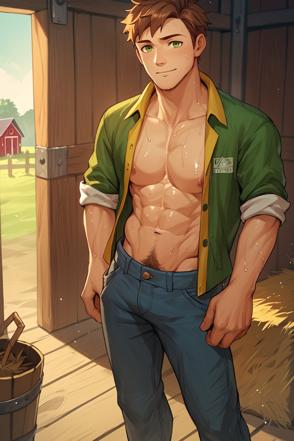 score_9, score_8_up, score_7_up, score_6_up, score_5_up, source_anime, toned_male, looking_at_viewer, good face, masterpiece, male focus, solo, toned_male, full body, Alex_SDV, Brown Hair, Green Eyes, farm, standing, (sweating), sweat, goats, straw, (rolled up trousers), hairy chest, shirtless