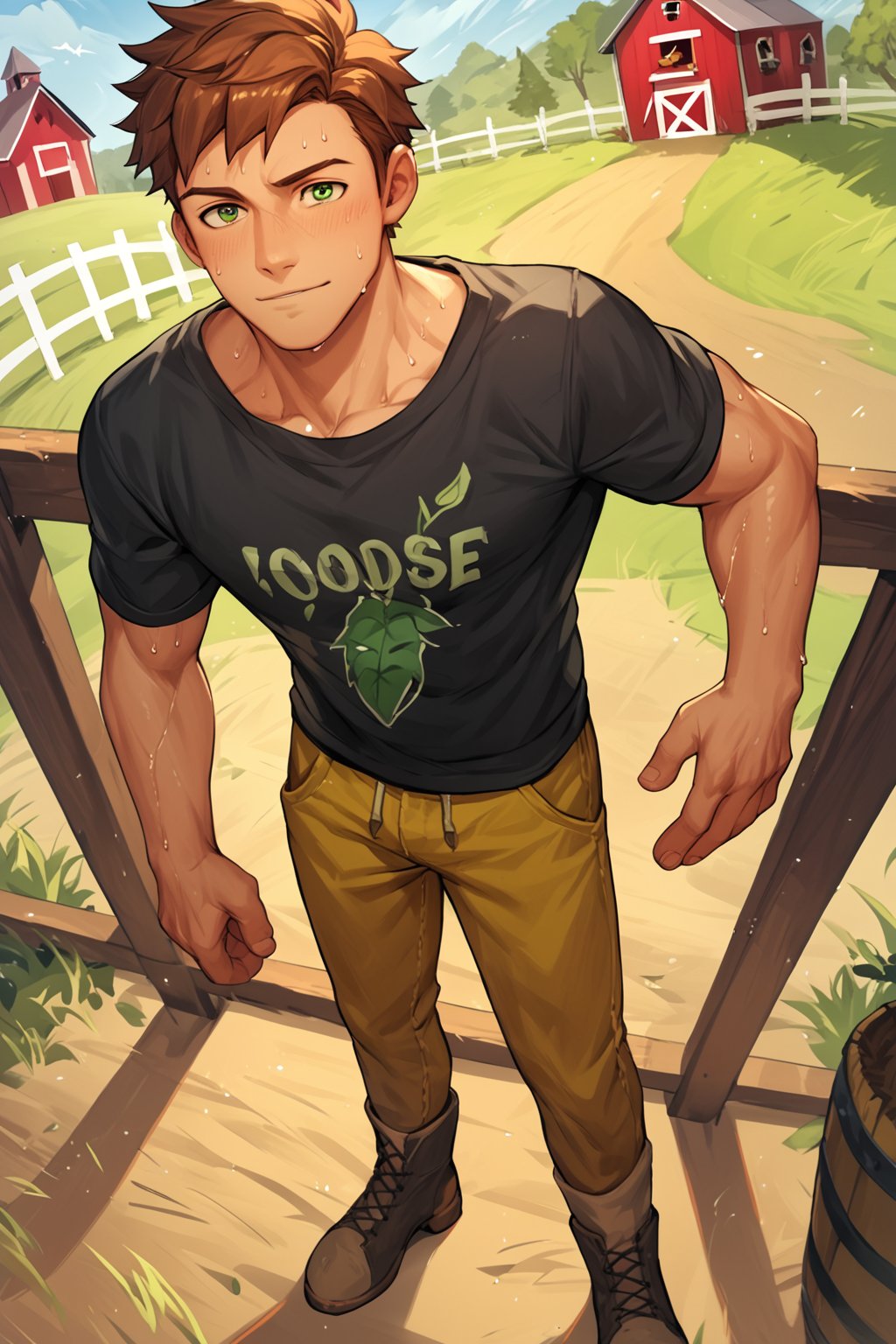 score_9, score_8_up, score_7_up, score_6_up, score_5_up, source_anime, toned_male, looking_at_viewer, good face, masterpiece, male focus, solo, toned_male, full body, Alex_SDV, Brown Hair, Green Eyes, farm, standing, (sweating), sweat, Black Shirt, goats, straw, looking at the ground