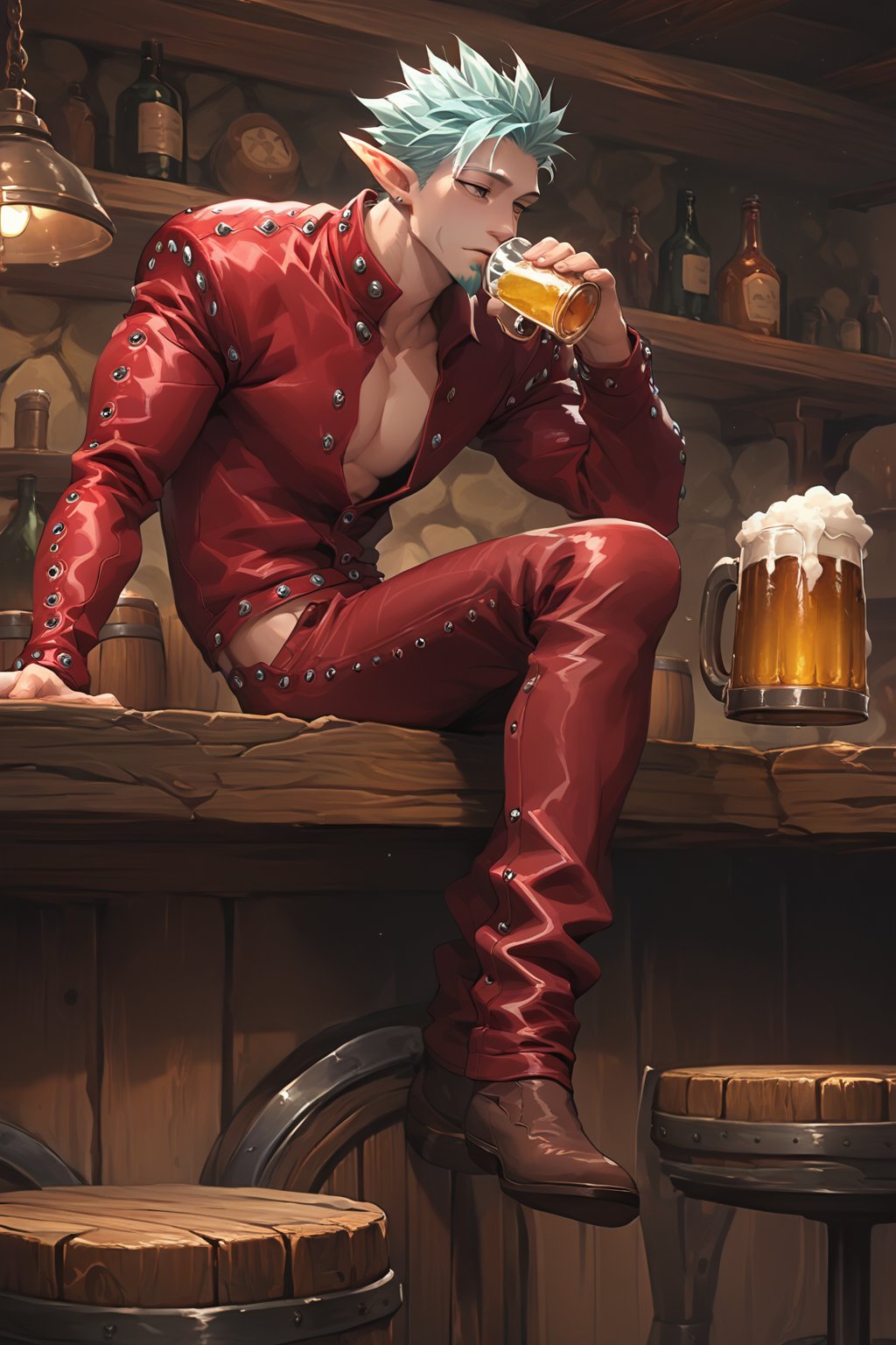 score_9, score_8_up, score_7_up, score_6_up, score_5_up, source_anime, male focus, solo, toned_male, slim, full body, Ban7, tavern, sitting, drinking beer, Leather Jacket, Leather Pants, red, clothes, elf_ears , goatee, 