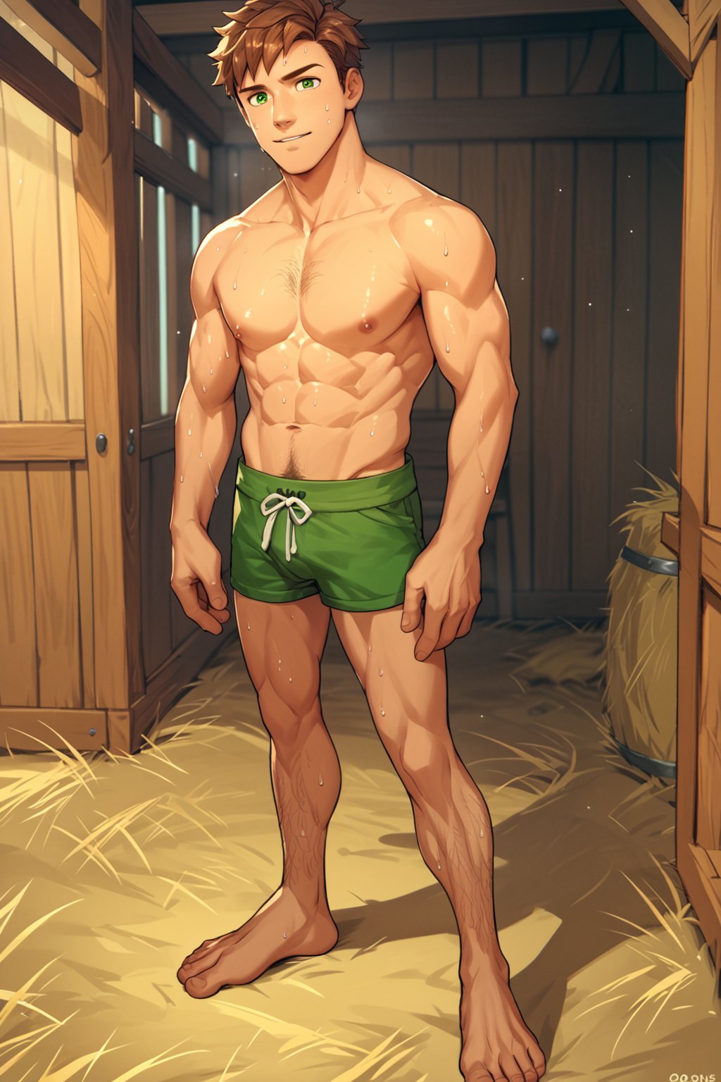 score_9, score_8_up, score_7_up, score_6_up, score_5_up, source_anime, toned_male, looking_at_viewer, good face, masterpiece, male focus, solo, toned_male, full body, Alex_SDV, Brown Hair, Green Eyes, farm, standing, (sweating), sweat, goats, straw, hairy chest, shirtless, green underwear, hairy leg, no jackets, without pants