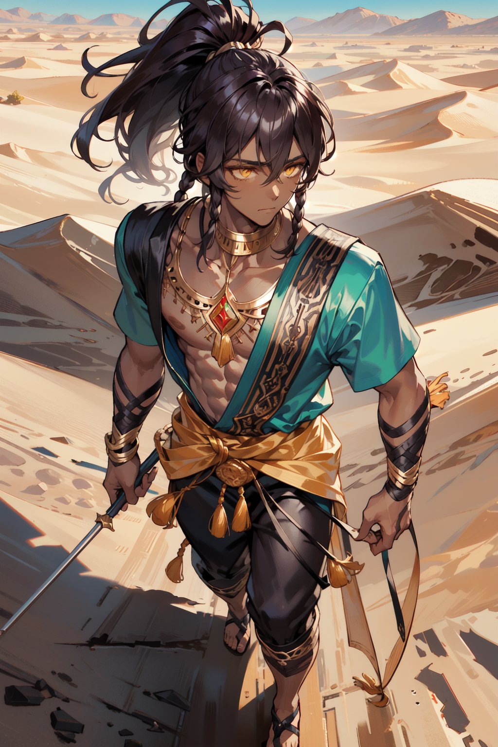 Zafir, Ponytail, Yellow eyes, dark-skinned male, male, solo, full body, defined muscles, desert, walking, masterpiece, 