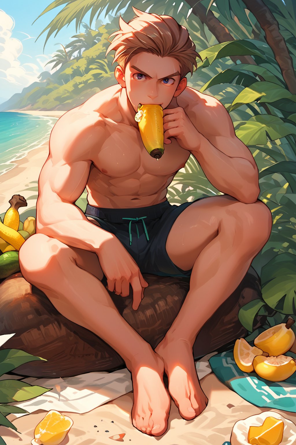 score_9, score_8_up, score_7_up, score_6_up, score_5_up, source_anime, male focus, solo, toned_male, looking_at_viewer, full body, pkmn_swim, Beach, palm_tree, bananas, eating