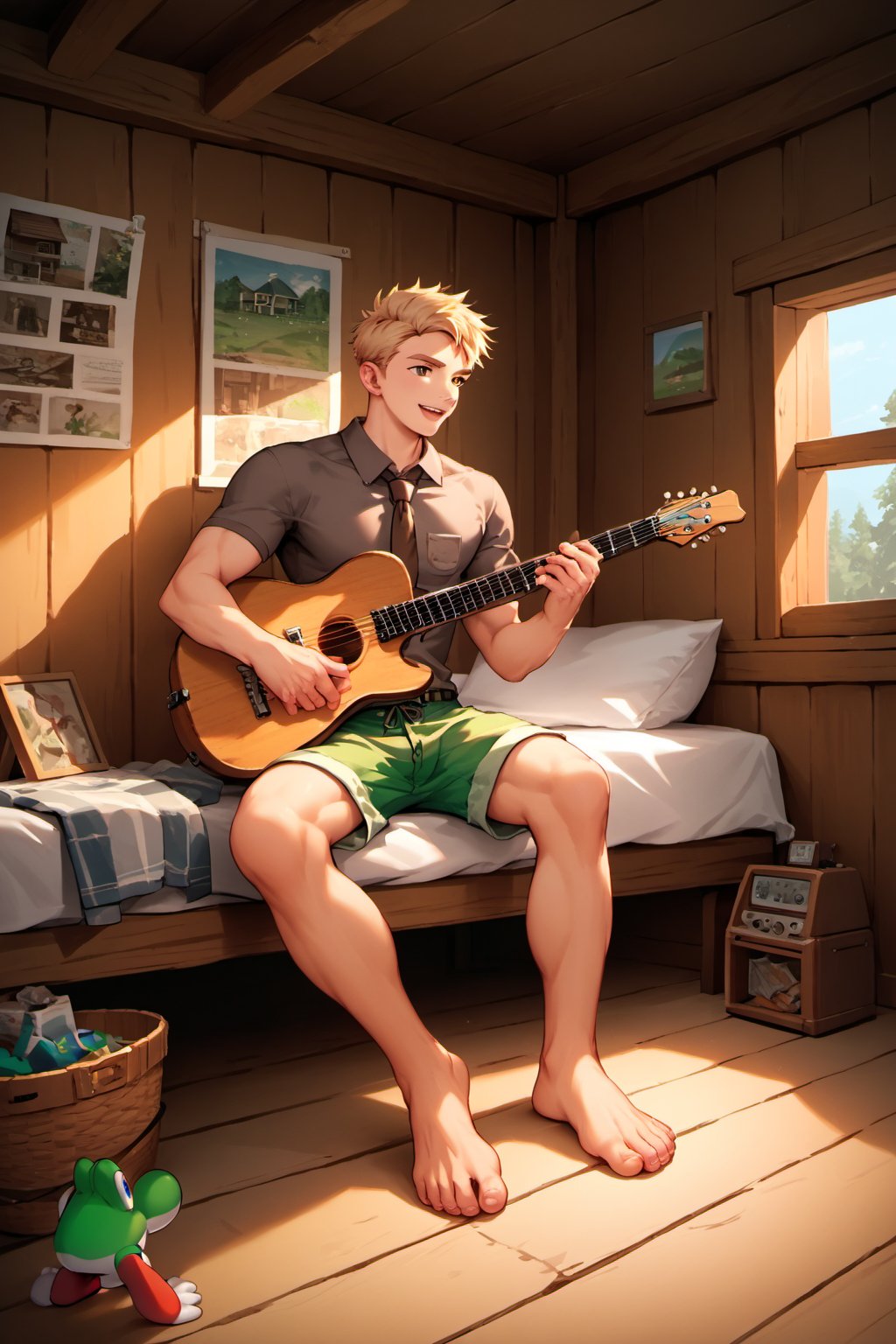 score_9, score_8_up, score_7_up, score_6_up, score_5_up, source_anime, good face, masterpiece, male focus, solo, toned_male, full body, Yoshi, Blonde Hair, Brown-Gray Shirt, Short Sleeves, Brown Necktie, Green Shorts, cabin, playing guitar, sitting in bed,