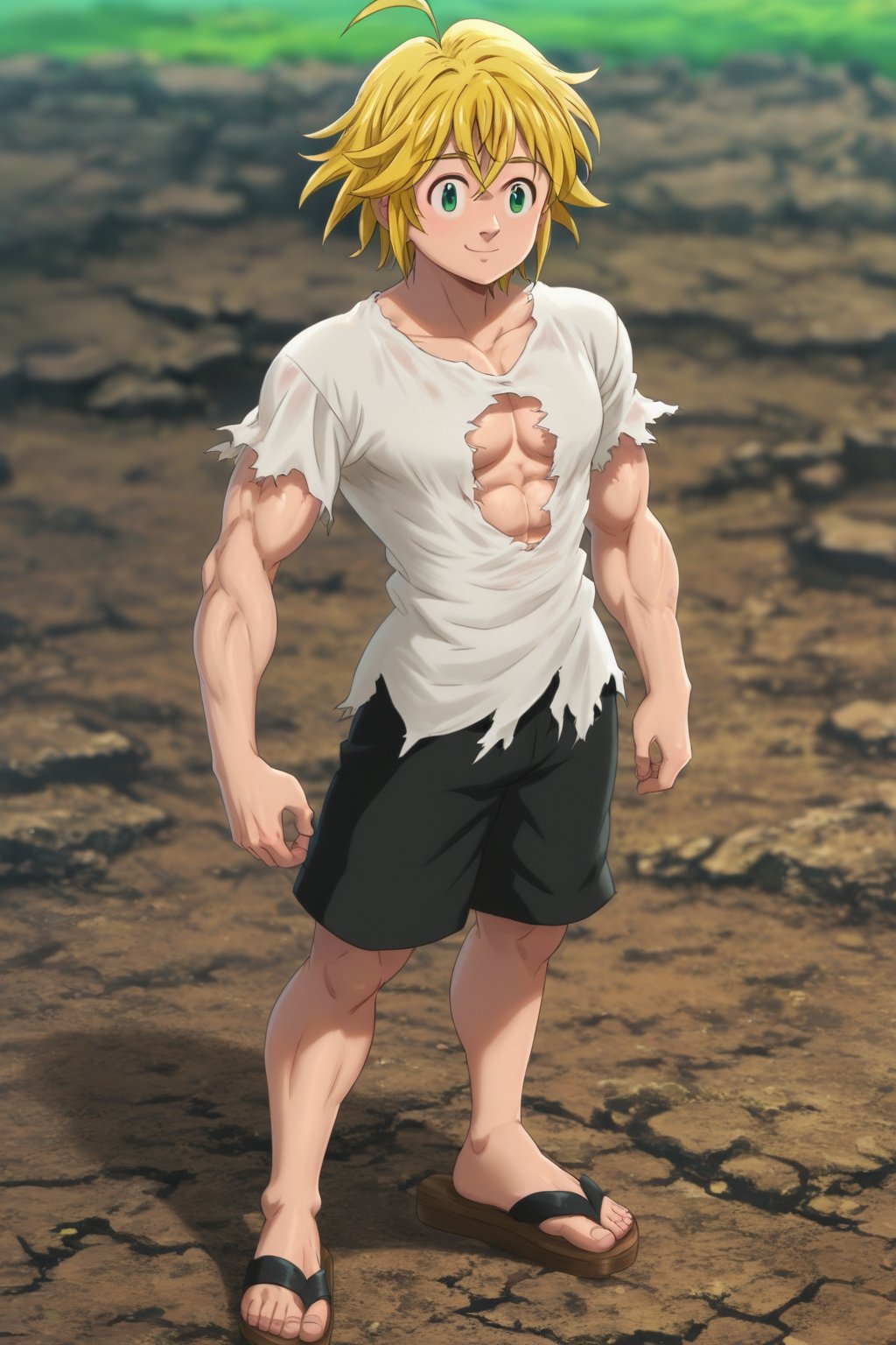 meliodas_nanatsu_no_taizai, blonde hair, green eyes, solo, male, full body, depth of field, white shirt, black shorts, smile, sandals, standing, Ripped shirt, muscle