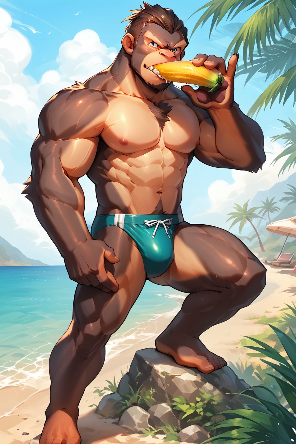 score_9, score_8_up, score_7_up, score_6_up, score_5_up, source_anime, male focus, solo, toned_male, muscle, looking_at_viewer, full body, pkmn_swim, Beach, palm_tree, bananas, eating, furry leg, furry arms, furry chest, gorilla, 