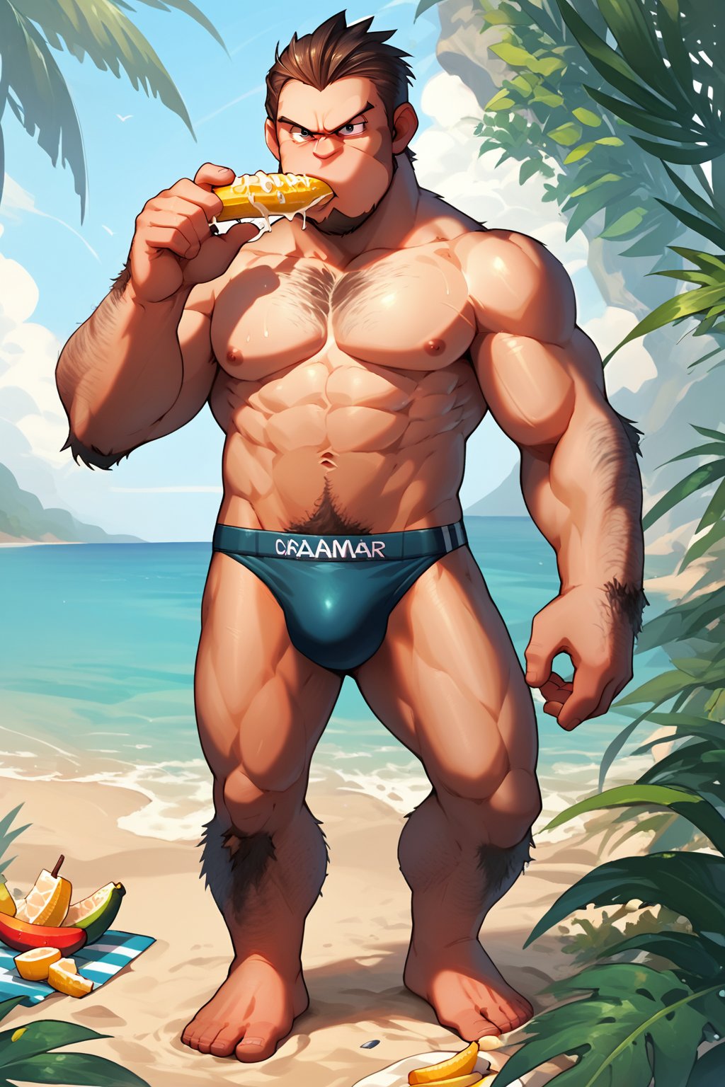 score_9, score_8_up, score_7_up, score_6_up, score_5_up, source_anime, male focus, solo, toned_male, muscle, looking_at_viewer, full body, pkmn_swim, Beach, palm_tree, bananas, eating, gorilla leg, hairy arms, hairy chest, gorilla, 