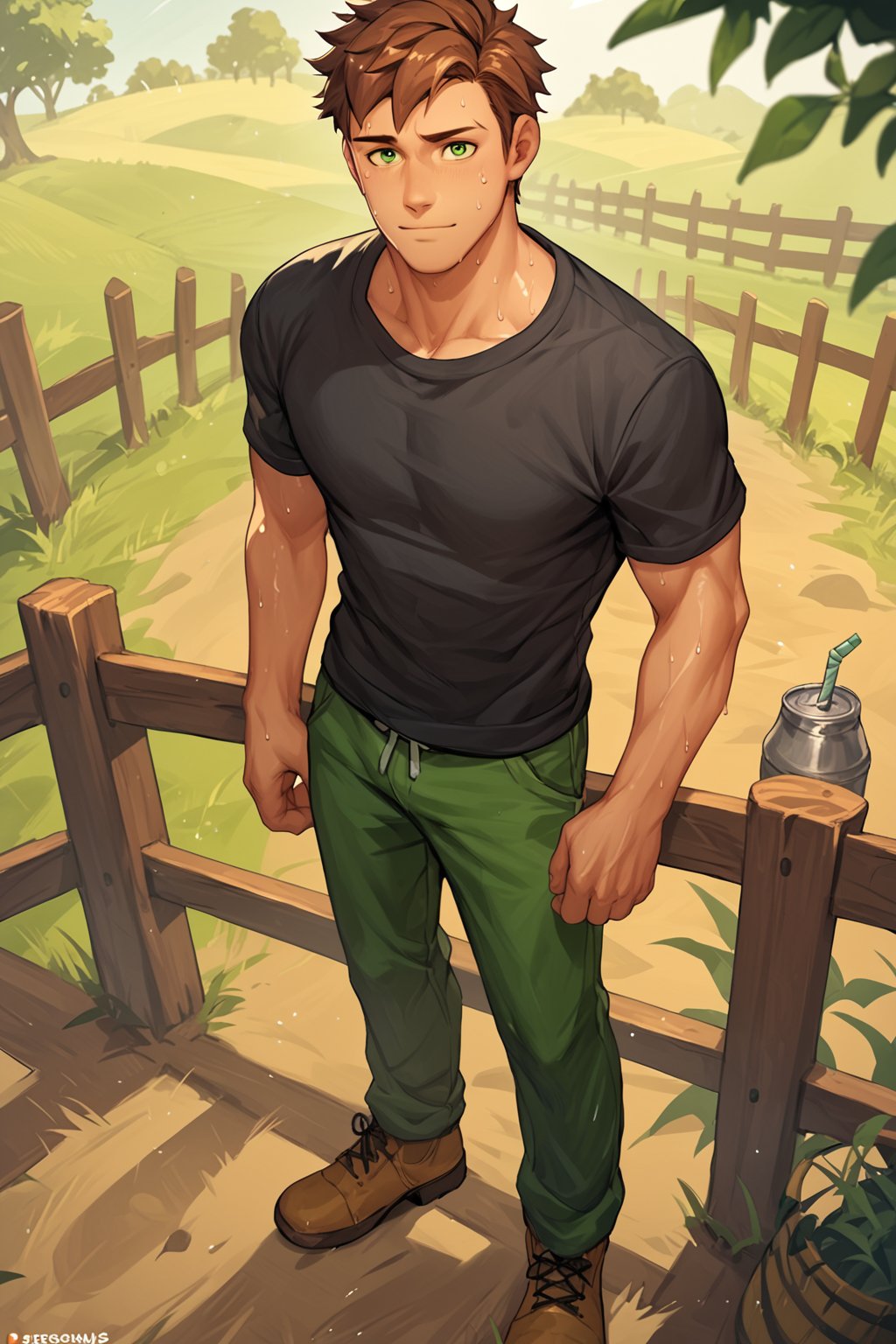 score_9, score_8_up, score_7_up, score_6_up, score_5_up, source_anime, toned_male, looking_at_viewer, good face, masterpiece, male focus, solo, toned_male, full body, Alex_SDV, Brown Hair, Green Eyes, farm, standing, (sweating), sweat, Black Shirt, goats, straw, looking at the ground