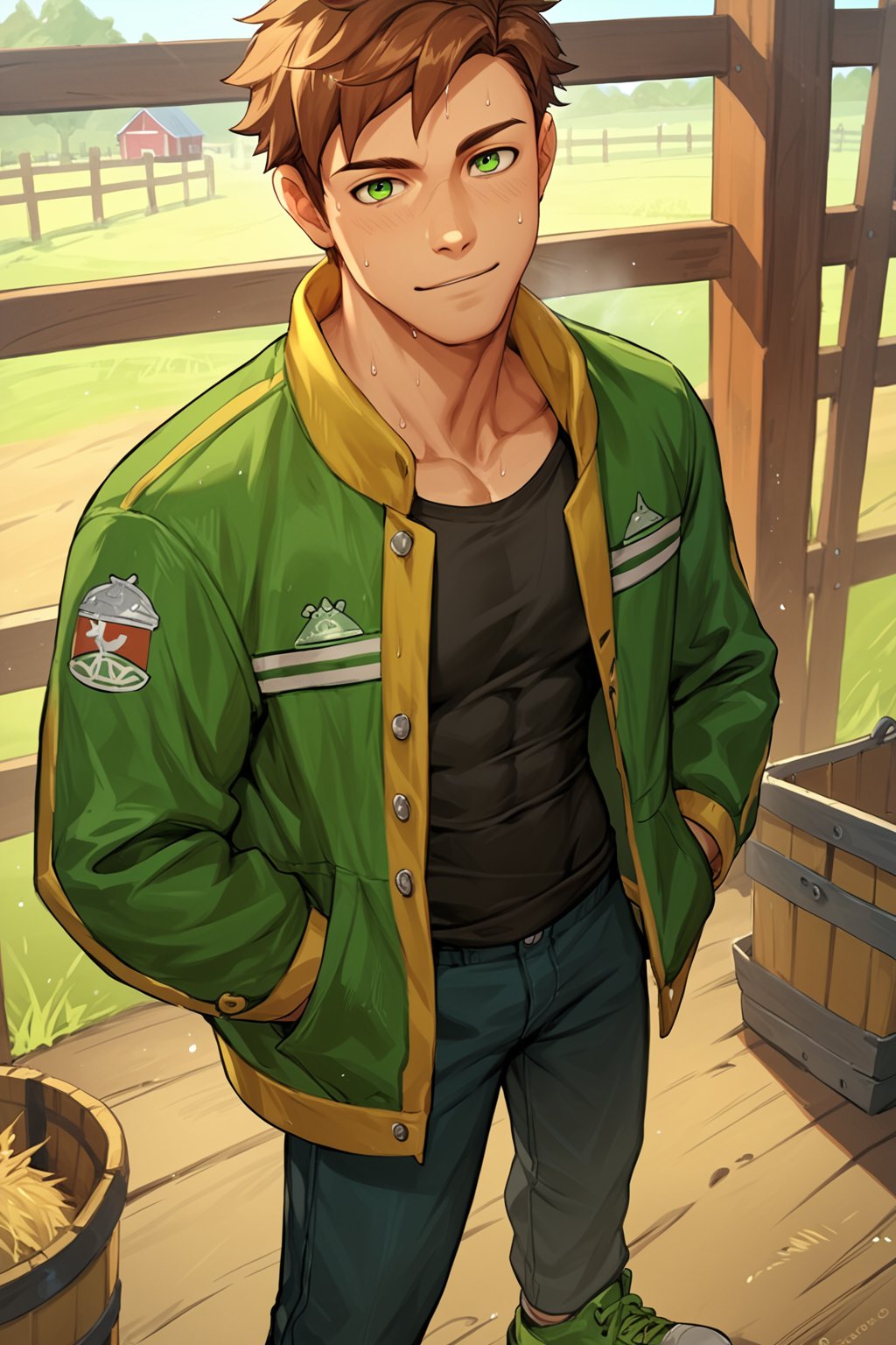 score_9, score_8_up, score_7_up, score_6_up, score_5_up, source_anime, toned_male, looking_at_viewer, good face, masterpiece, male focus, solo, toned_male, full body, Alex_SDV, Brown Hair, Green Eyes, farm, standing, sweating, Green Jacket, Black Shirt, goats, straw, working