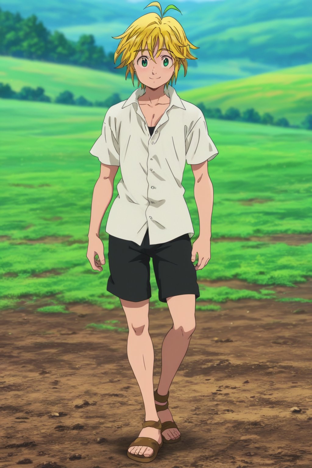 meliodas_nanatsu_no_taizai, blonde hair, green eyes, solo, male, full body, depth of field, white shirt, black shorts, smile, standing