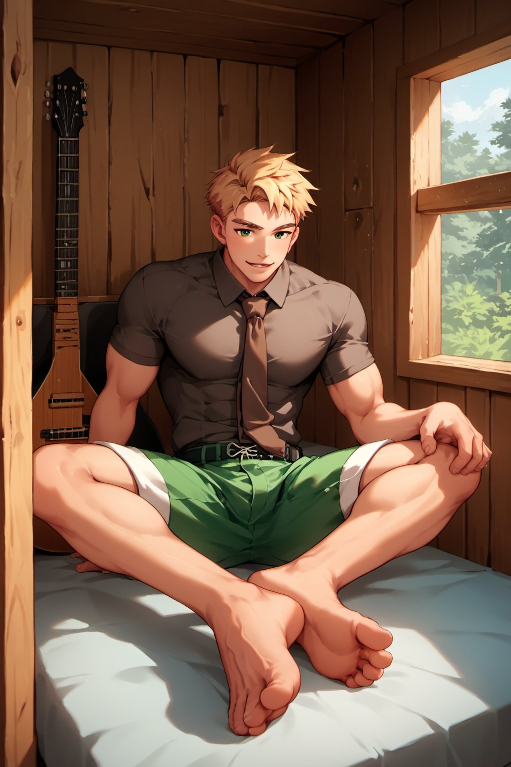 score_9, score_8_up, score_7_up, score_6_up, score_5_up, source_anime, good face, masterpiece, male focus, solo, toned_male, full body, Yoshi, Blonde Hair, Brown-Gray Shirt, muscle, Short Sleeves, Brown Necktie, Green Shorts, cabin, playing guitar, sitting in bed,
