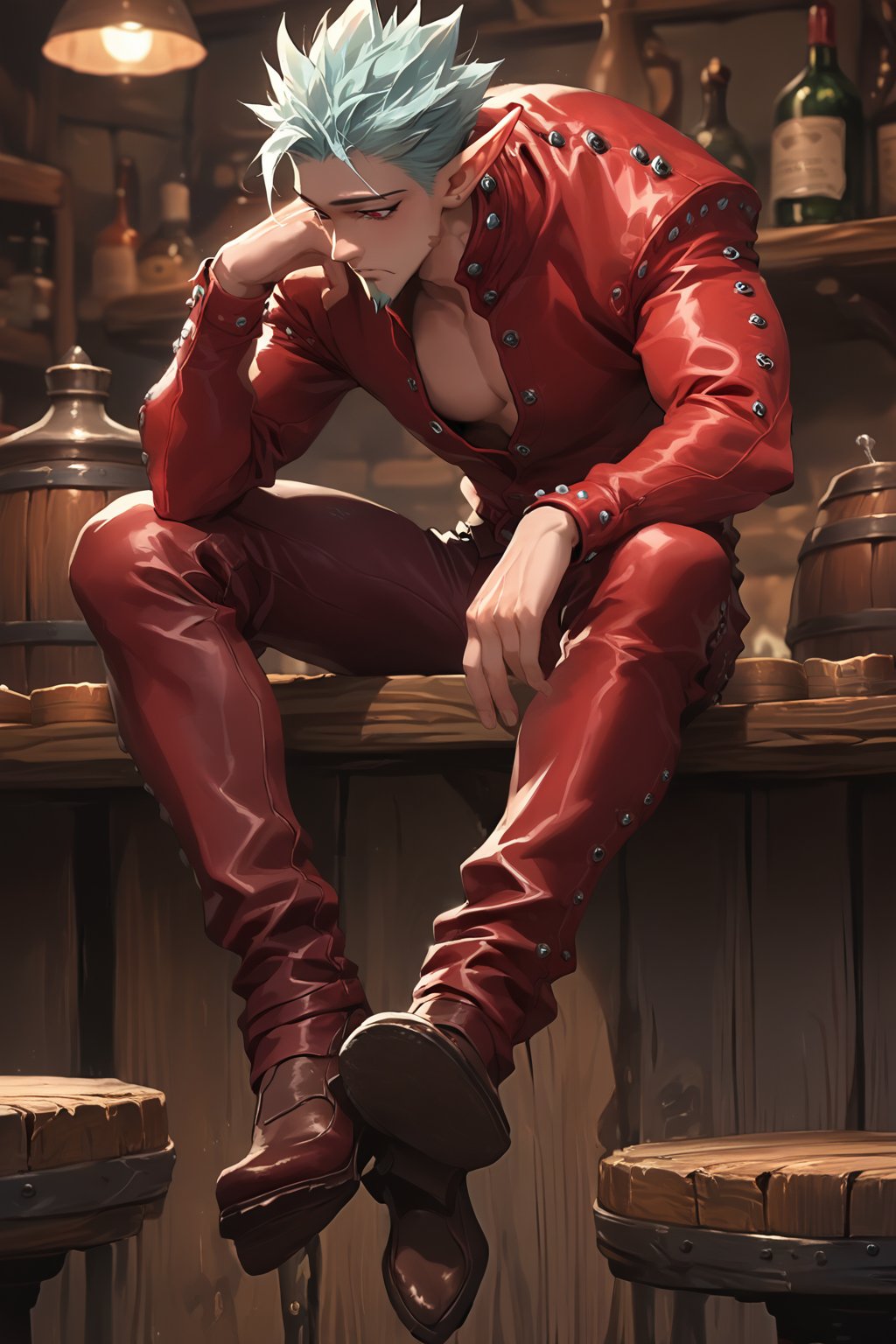 score_9, score_8_up, score_7_up, score_6_up, score_5_up, source_anime, male focus, solo, toned_male, slim, full body, Ban7, tavern, sitting, Leather Jacket, Leather Pants, red, clothes, elf_ears , goatee, Broken shoes