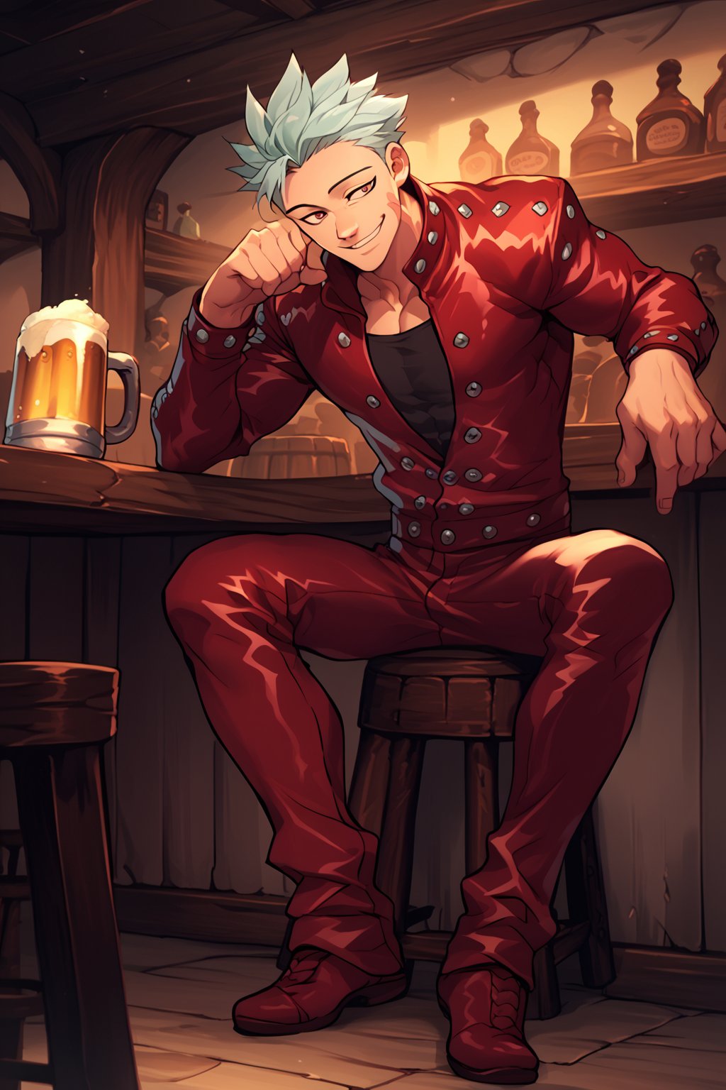 score_9, score_8_up, score_7_up, score_6_up, score_5_up, source_anime, male focus, solo, toned_male, slim, full body, Ban7, tavern, sitting, drinking beer, Leather Jacket, Leather Pants, red, clothes, good lighting, smile, ,masterpiece