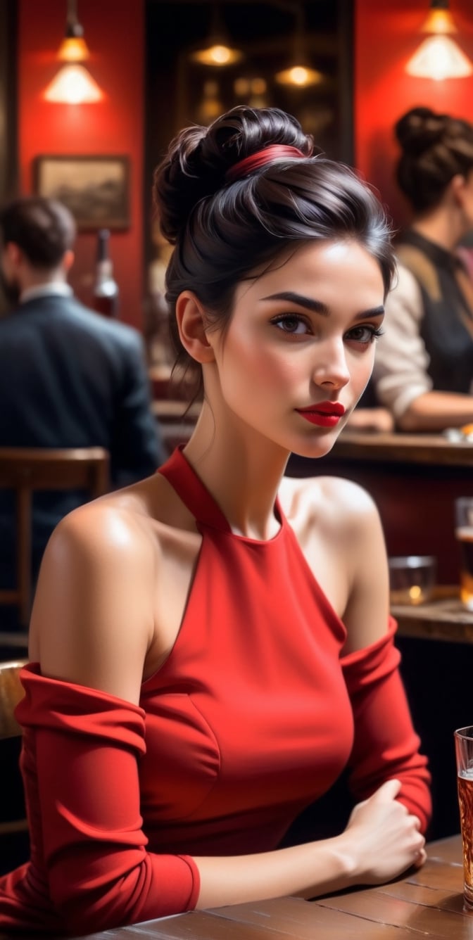 Half-body portrait of a stunning young woman sitting alone at a table in a bar. slim fit body. black hair in messy bun, red tight-fitting dress. suggestive gaze. mixed media artwork. 

slightly impressionist and figurative, reminiscent of the styles of Ron Hicks and Fabian Perez. rim lighting. masterpiece, perfect composition 