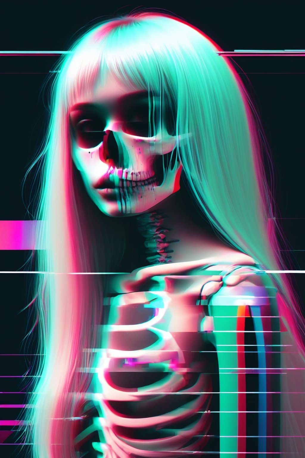 beautiful young woman glitching, chromatic aberration, glitched, pixelating, disappearing, glitch overlay, skull+bones overlay, glitch art, system error, Corrupted file, neon, Glitchcore, glitch effect; distorted glitched background 