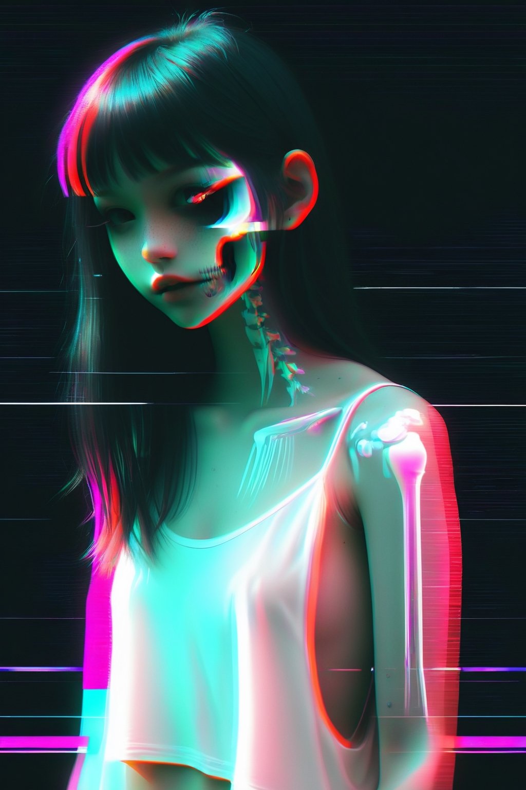 beautiful young woman glitching, chromatic aberration, glitched, pixelating, disappearing, glitch overlay, glitch art, system error, Corrupted file, neon, Glitchcore, glitch effect; 