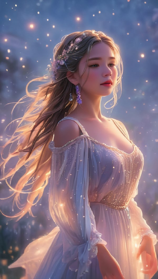 dreamy atmosphere, detailed dusk sky backdrop, ethereal young woman, beautiful, light particles dancing around her. braided hair, flowing dress, modern, detailed face, Backlit by an otherworldly glow, the scene is bathed in mesmerizing hues ,SamYoung_Illustration