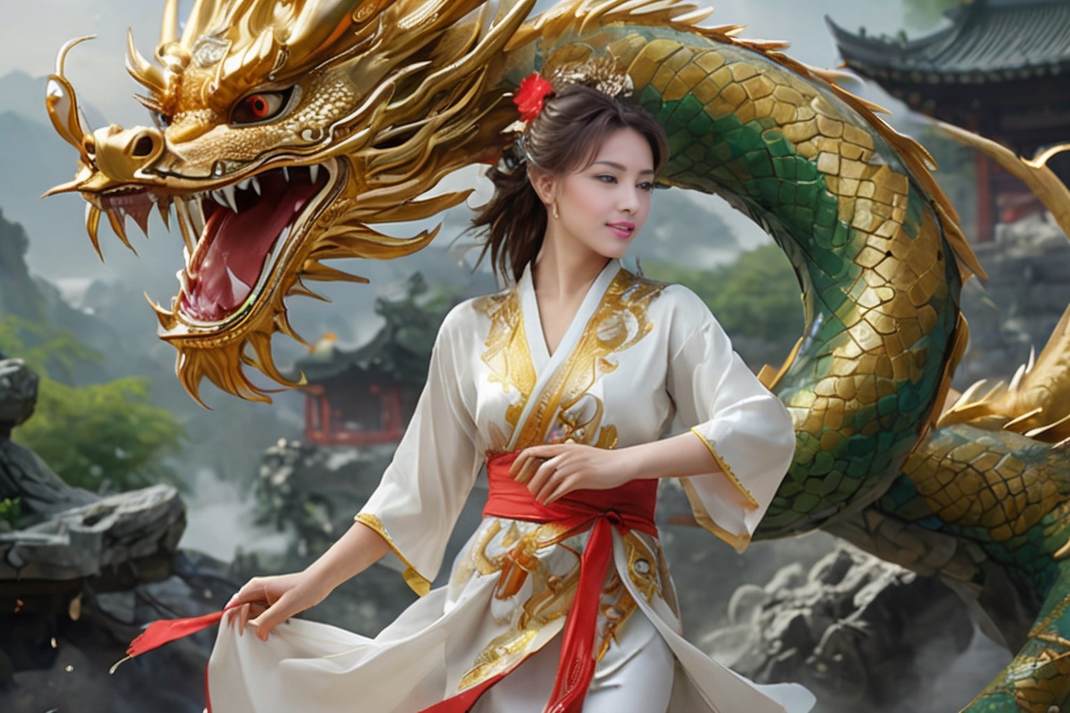 A pretty girl and a Chinese dragon dancing together
,photorealistic:1.3, best quality, masterpiece,MikieHara,Dragon