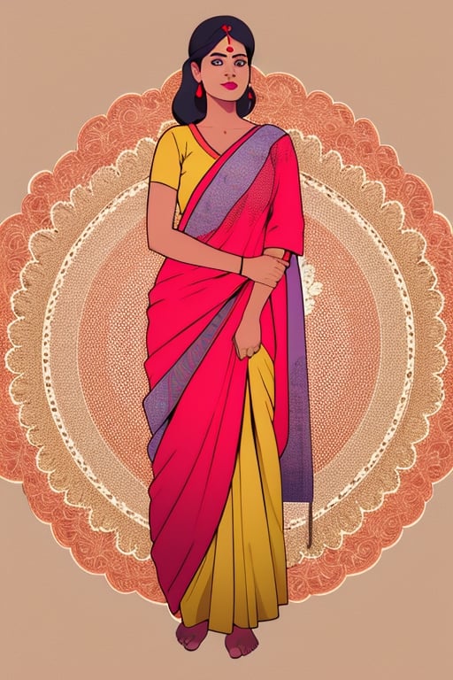 WikiHow, indian girl, indian women, front facing, full body, vector illustration, line art