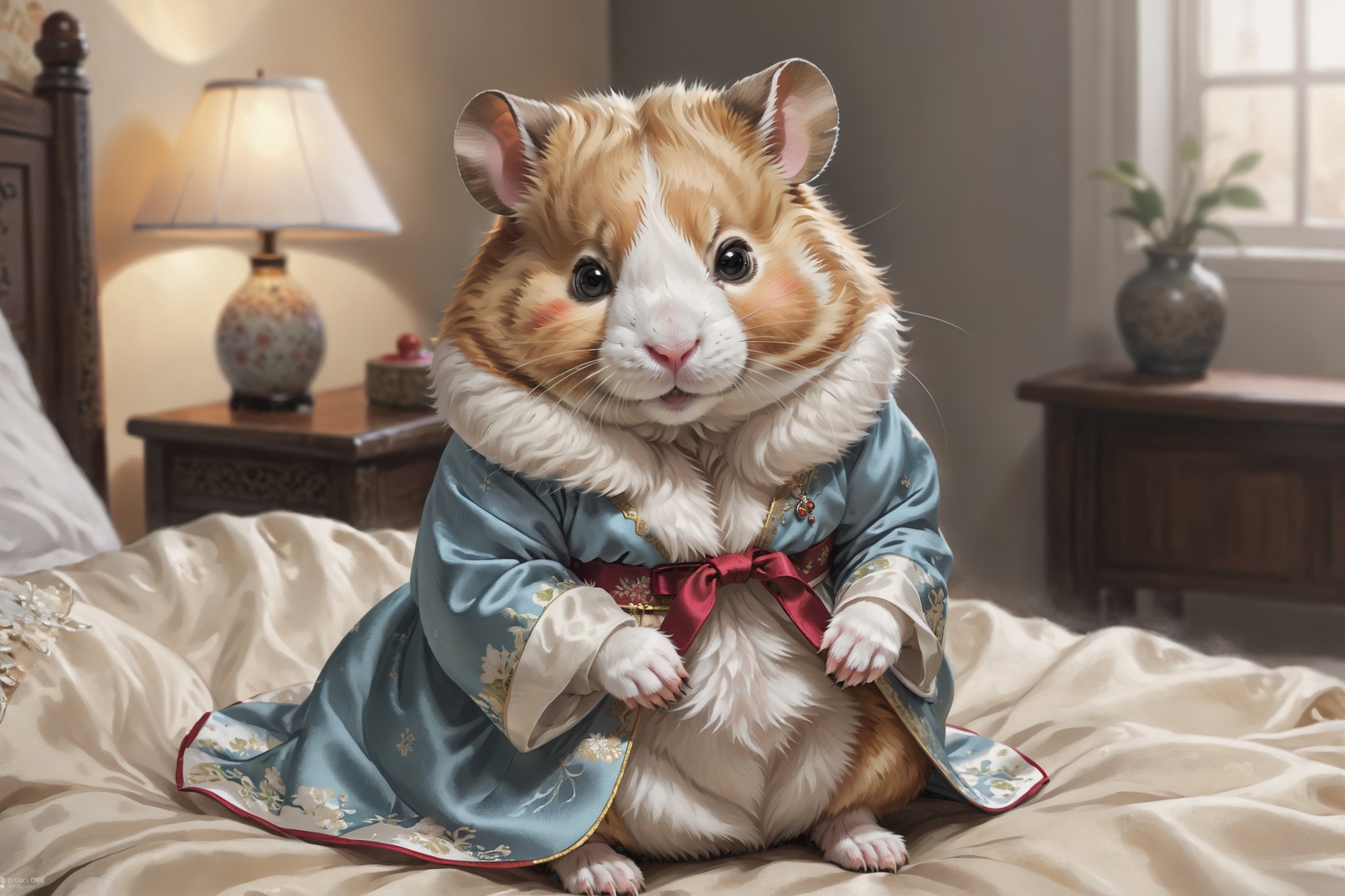 ((full body)) Photo, a hamster. digital art, 8K resolution, ultra quality,  intricate details, highly detailed, greg rutkowski, more detail XL , Clear picture quality , giant cute hamster , A soft and fluffy hamster , bedroom background , Cozy and warm feeling , human-sized hamster , Hanbok wearing