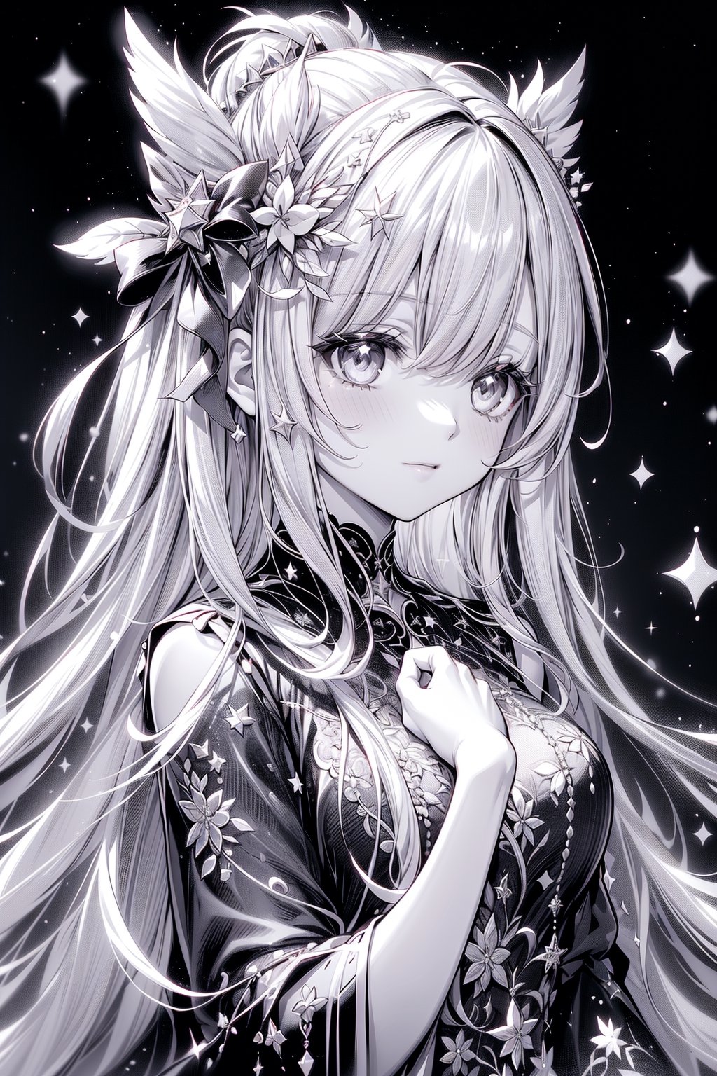 1girl, solo, long hair, looking at viewer, blush, bangs, hair ornament, hair between eyes, monochrome, greyscale, virtual youtuber, star \(symbol\), sparkle, crescent, portrait, star hair ornament, crescent hair , masterpiece,1 girl , clarity , realism , Adult women in their 20s or older