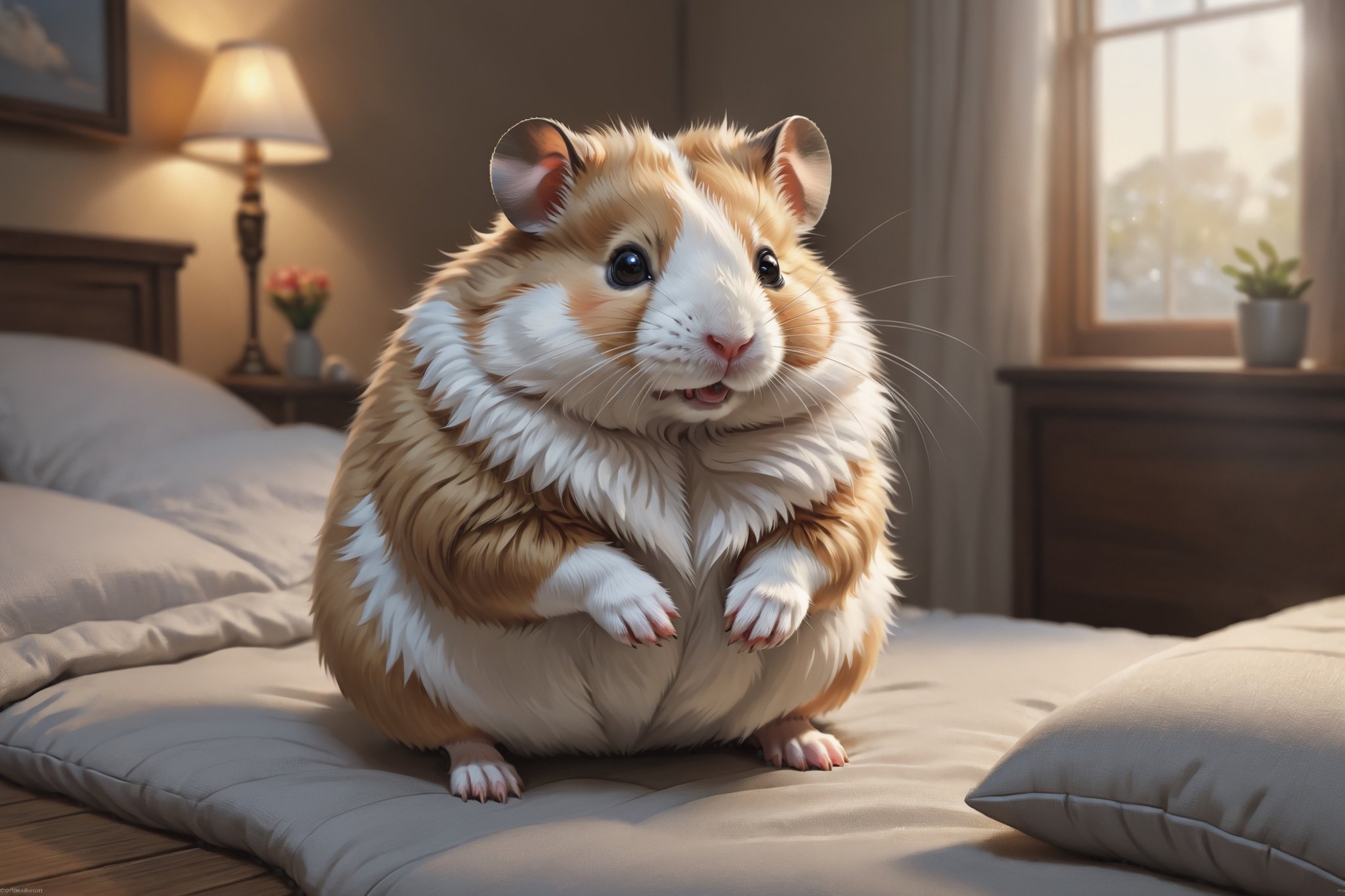 ((full body)) Photo, a hamster. digital art, 8K resolution, ultra quality,  intricate details, highly detailed, greg rutkowski, more detail XL , Clear picture quality , giant cute hamster , A soft and fluffy hamster , bedroom background , Cozy and warm feeling , human-sized hamster

