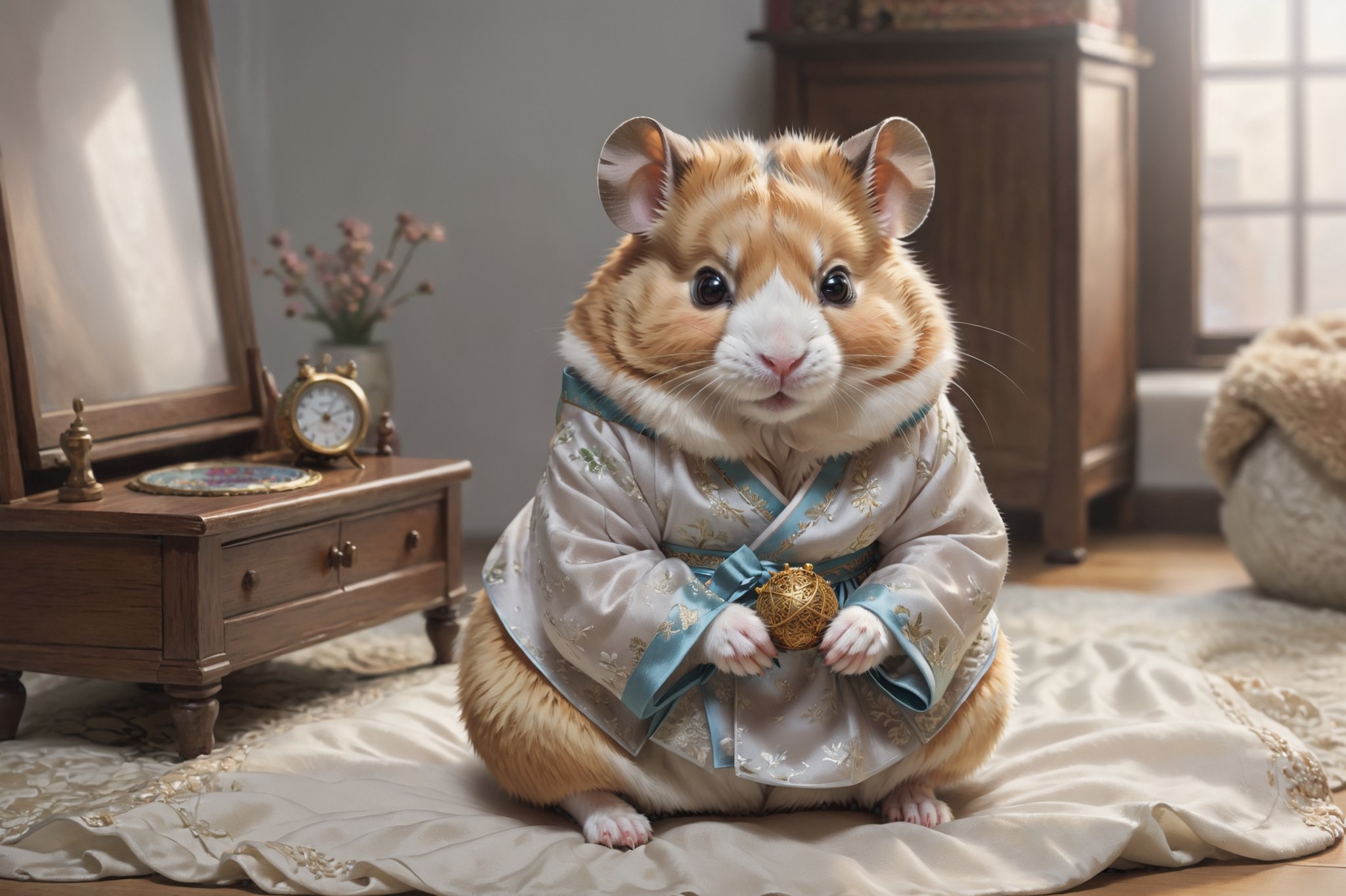 ((full body)) Photo, a hamster. digital art, 8K resolution, ultra quality,  intricate details, highly detailed, greg rutkowski, more detail XL , Clear picture quality , giant cute hamster , A soft and fluffy hamster , bedroom background , Cozy and warm feeling , human-sized hamster , Hanbok wearing