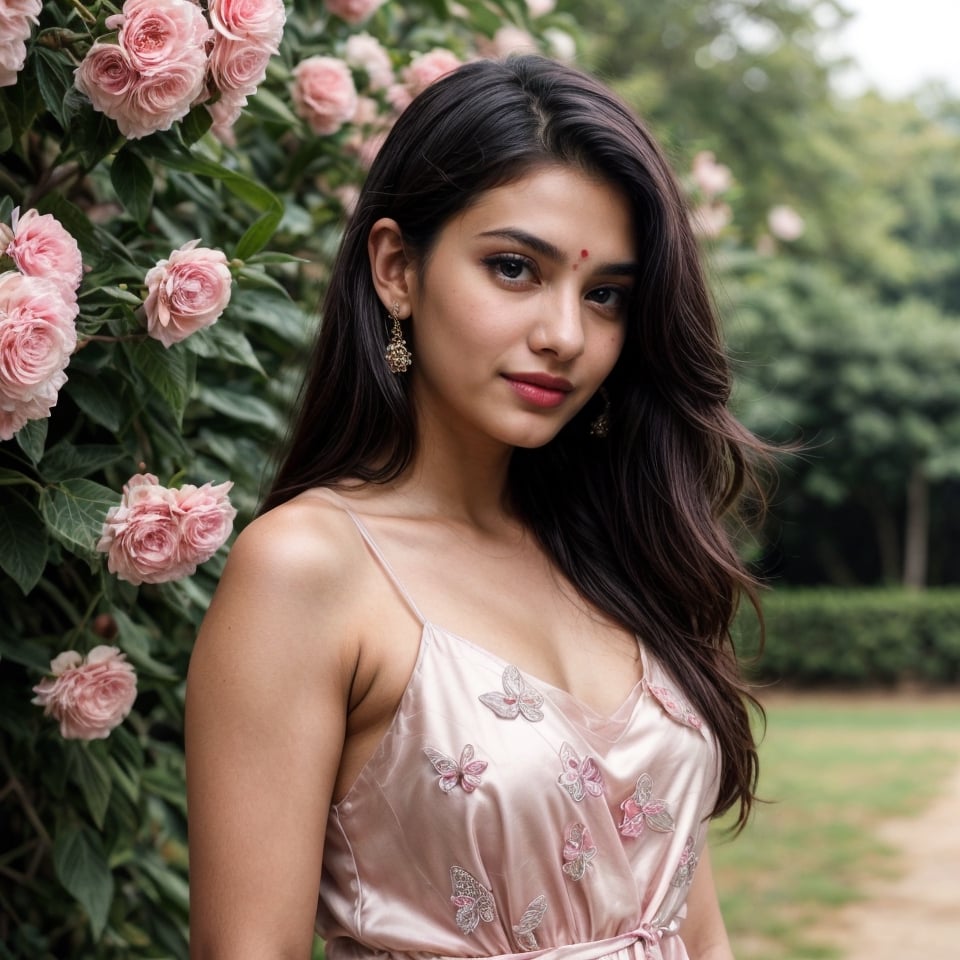 beautiful cute young attractive indian teenage girl, village girl, 18 years old, cute,  
Instagram model, long black_hair, colorful hair, warm, dacing,
her skin is fair,stylish black hair, ultra realistic face, 
curvy body,beautiful face, 16k, FHD, raw photo, 
pretty face mesh, detailed face, detailed eyes, detailed lips, 
She wear a pink silk dress. Flowers and butterflies everywhere. 8k. Hyperdeytails. Blue eyes, pink lips, pure soft skin. High depth of field,
random background,random pose,
red lipstic,
pretty face mesh, 
wedding photography, body parts front view,
concept art, looking at camera, full body in frame, 
masterpiece