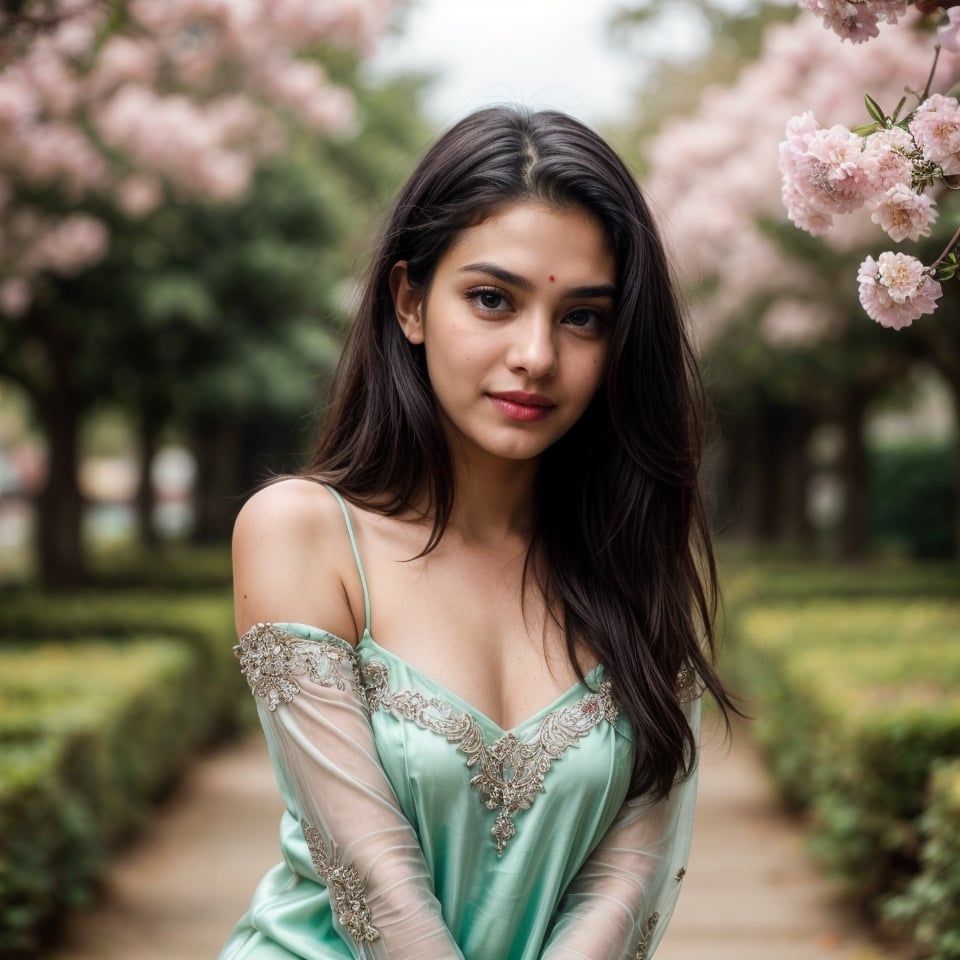 beautiful cute young attractive indian teenage girl, village girl, 18 years old, cute,  
Instagram model, long black_hair, colorful hair, warm, dacing,
her skin is fair,stylish black hair, ultra realistic face, 
curvy body,beautiful face, 16k, FHD, raw photo, 
pretty face mesh, detailed face, detailed eyes, detailed lips, 
She wear a light green silk dress. Flowers and butterflies everywhere. 8k. Hyperdeytails. Blue eyes, pink lips, pure soft skin. High depth of field,random background,random pose,
red lipstic,pretty face mesh, 
wedding photography, body parts front view,
concept art, looking at camera, full body in frame, masterpiece