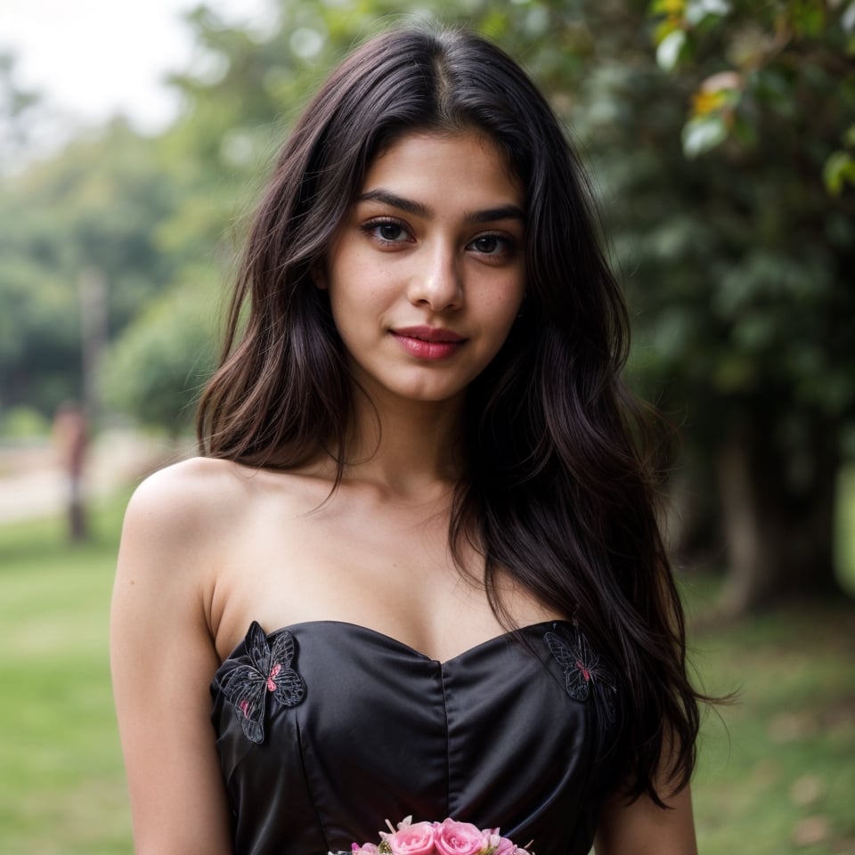 beautiful cute young attractive indian teenage girl, village girl, 18 years old, cute,  
Instagram model, long black_hair, colorful hair, warm, dacing,
her skin is fair,stylish black hair, ultra realistic face, 
curvy body,beautiful face, 16k, FHD, raw photo, 
pretty face mesh, detailed face, detailed eyes, detailed lips, 
She wear a black silk dress. Flowers and butterflies everywhere. 8k. Hyperdeytails. Blue eyes, pink lips, pure soft skin. High depth of field,
random background,random pose,
red lipstic,
pretty face mesh, 
wedding photography, body parts front view,
concept art, looking at camera, full body in frame, 
masterpiece