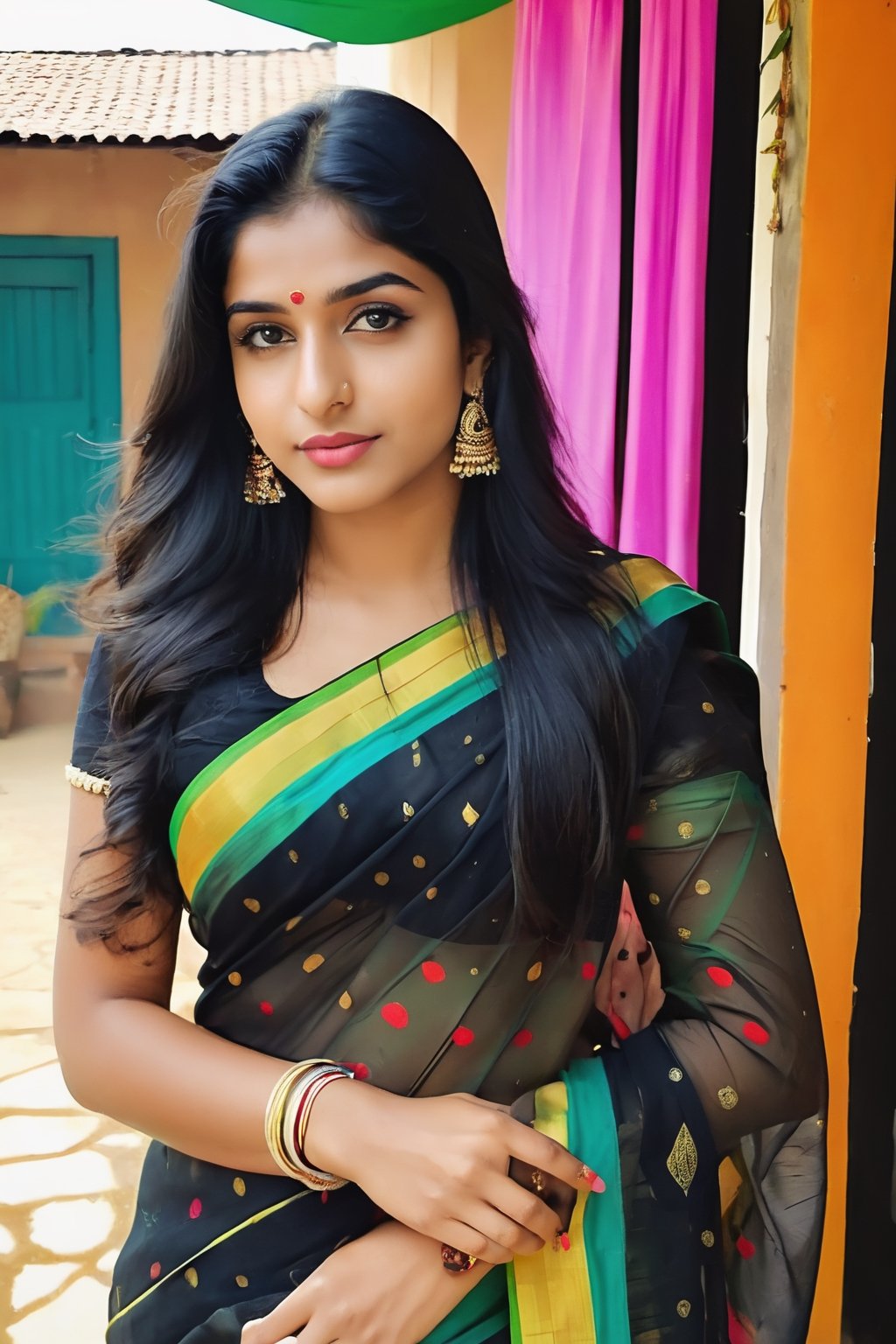 beautiful cute young attractive indian, more realstik, village girl, 18 years old, cute, Instagram model, long black_hair, colorful hair,indian, wearing black saree,Saree,Indian