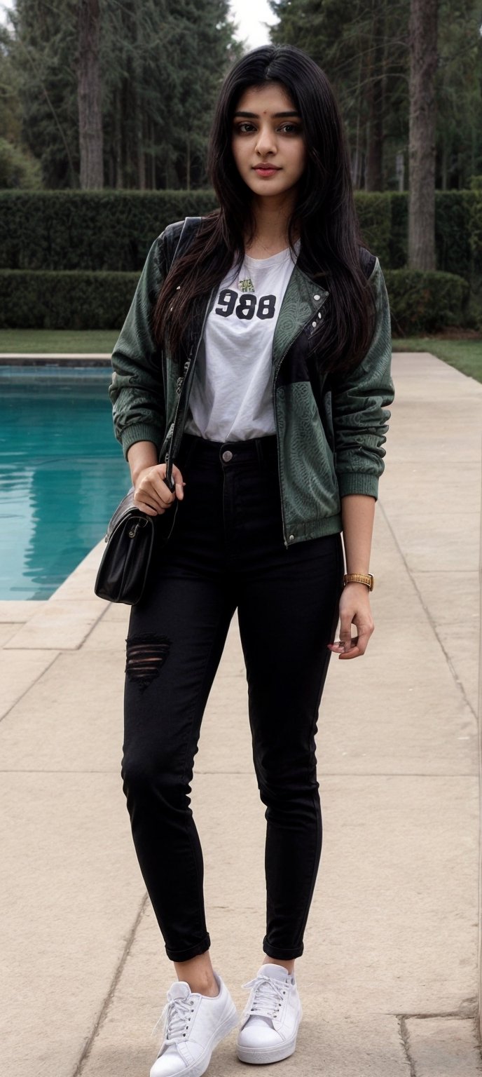 Lovely cute young attractive indian  girl, 18 years old, cute long black_hair,  black  hair,  They are wearing a  green , patterned Jen's jacket and black jeans, varsity jacket , white shoes. going for pool
