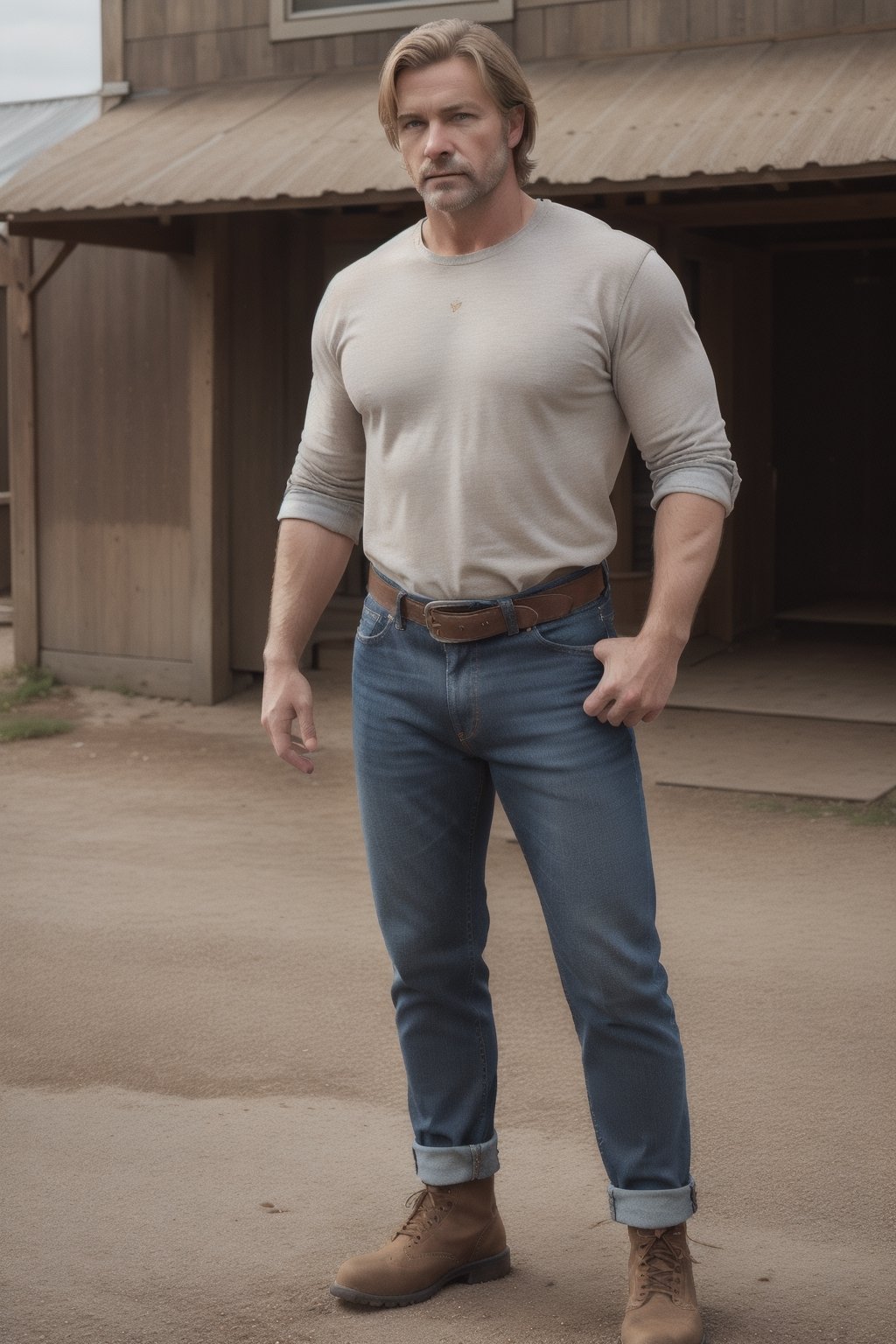 detailed face, full body, solo, male, Medium-length, tousled sandy blonde hair, Caucasian with Irish and German ancestry, stocky build with broad shoulders, 50 years old, faded blue jeans paired with a flannel shirt, sleeves rolled up to reveal strong forearms, worn leather belt cinching his waist, rugged leather boots suitable for outdoor work.