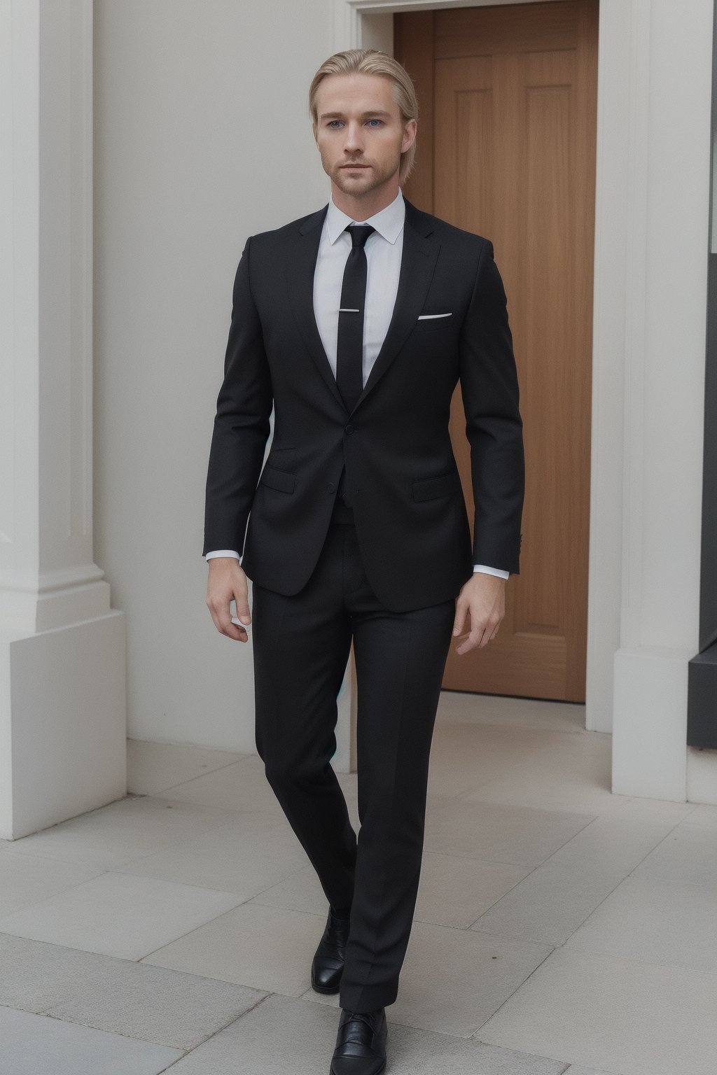 detailed face, full body, solo, Shoulder-length straight blonde hair; piercing blue eyes; Caucasian with Italian and Irish ancestry; athletic body type; 30 years old; dressed in a fitted black suit with a crisp white shirt and a sleek black tie.