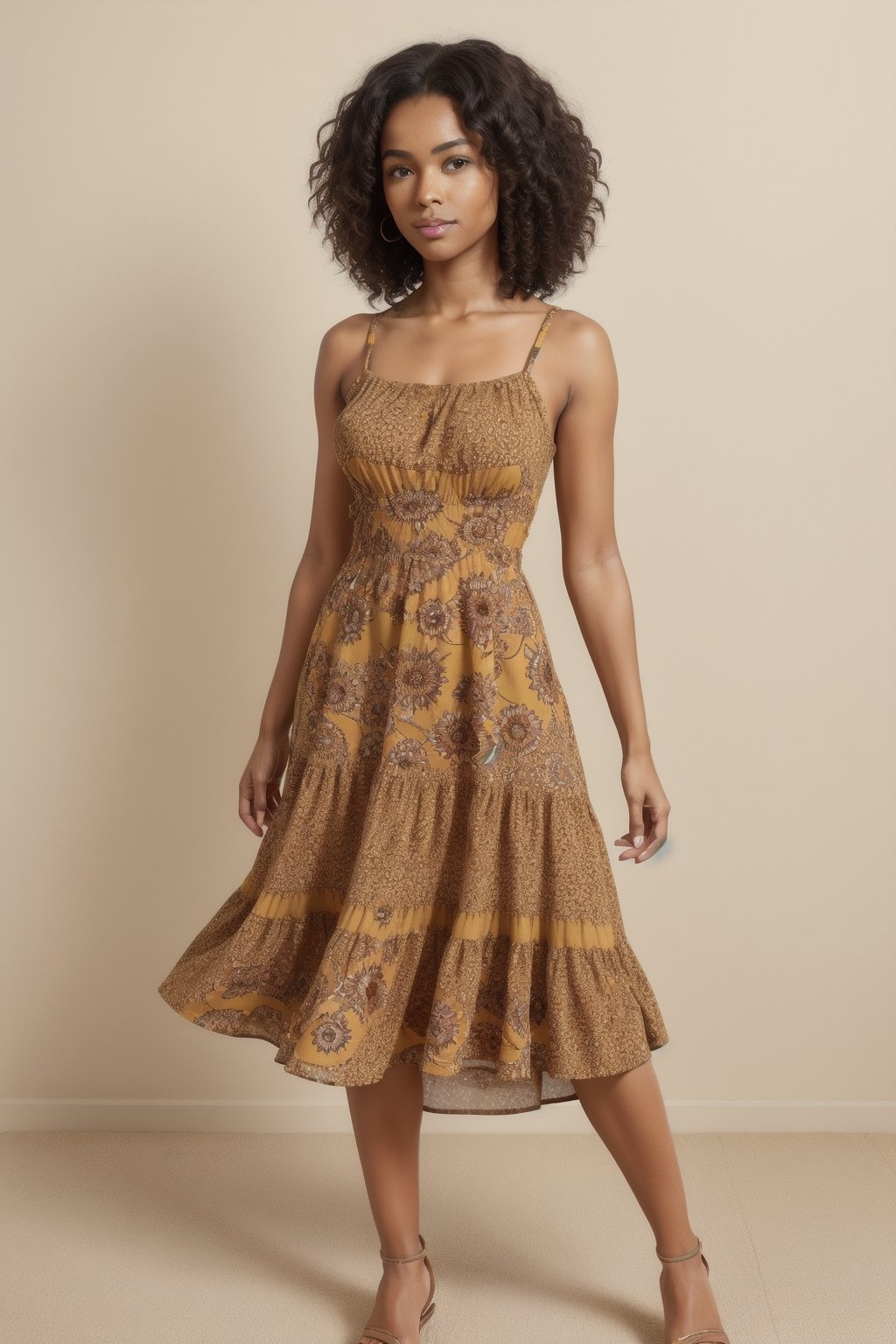 detailed face, full body, solo, Short, curly black hair; deep brown eyes; biracial, with African American and Indian heritage; slender body type; 25 years old; wearing a vibrant yellow sundress with floral patterns and sandals.