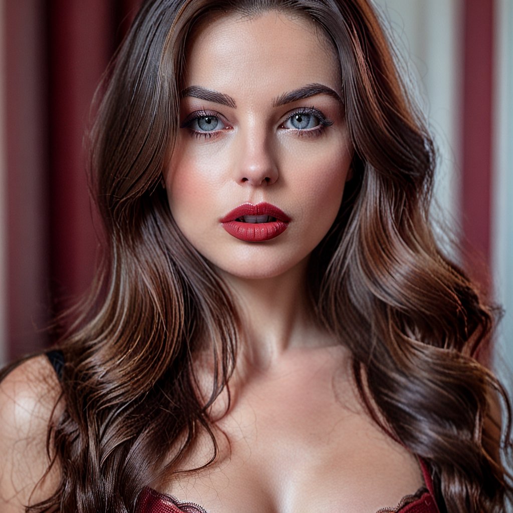 more detail XL, soft red lipstick, (Highest Quality, 4k, masterpiece, Amazing Details:1.1), Shallow Depth of Field, E671, lens 50mm f/2.0, wide angle hyperrealistic photography of young 30 years old submissive girl seducing the viewer, cleavage, long brunette hair, (((closeup, closed mouth))), ultra realistic, (photorealistic, RAW Photo), old style, aesthetic portrait, realistic eyes, detailed eyes, 