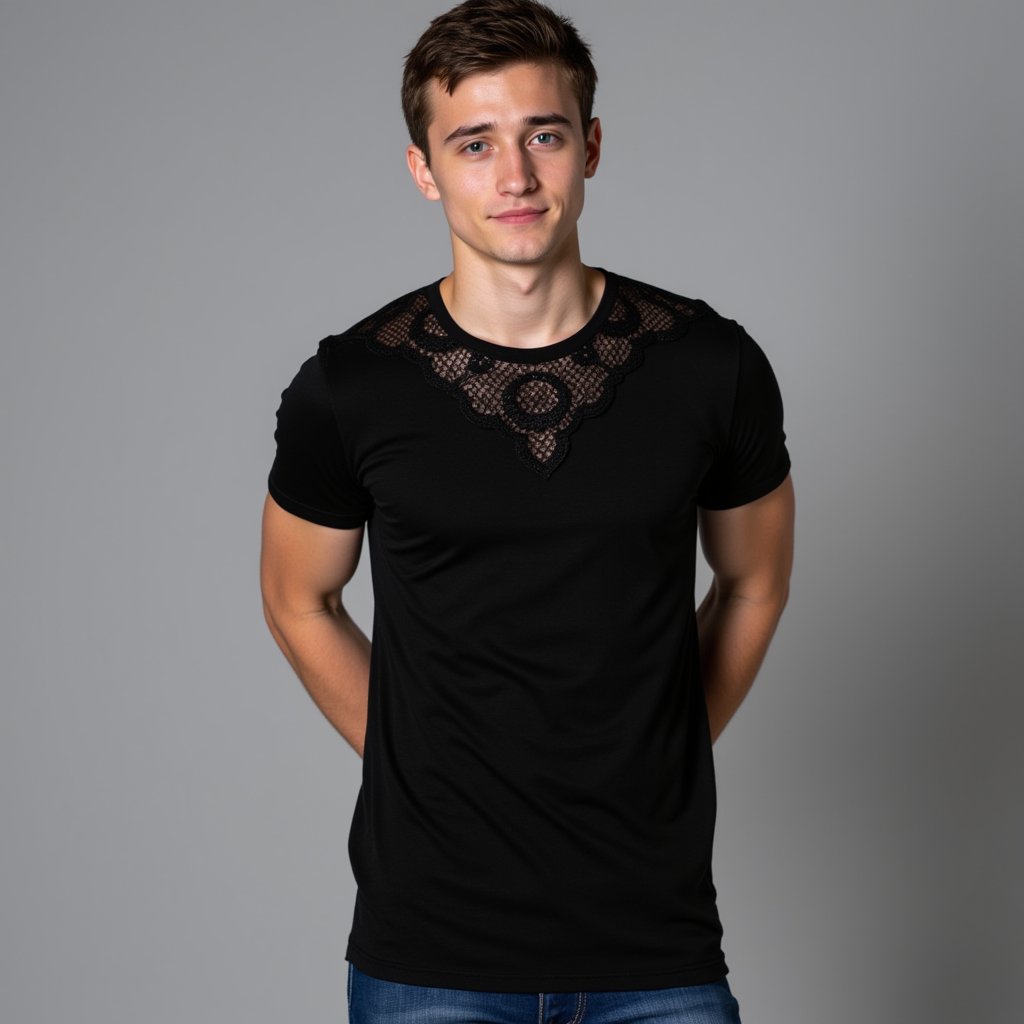  A young man stands confidently against a palin background, his gaze directed straight at the camera, exuding an air of confidence and allure, he wears a black tshirt with a lace pattern and a blue jean, he features softly highlighted by even lighting, little smiling face