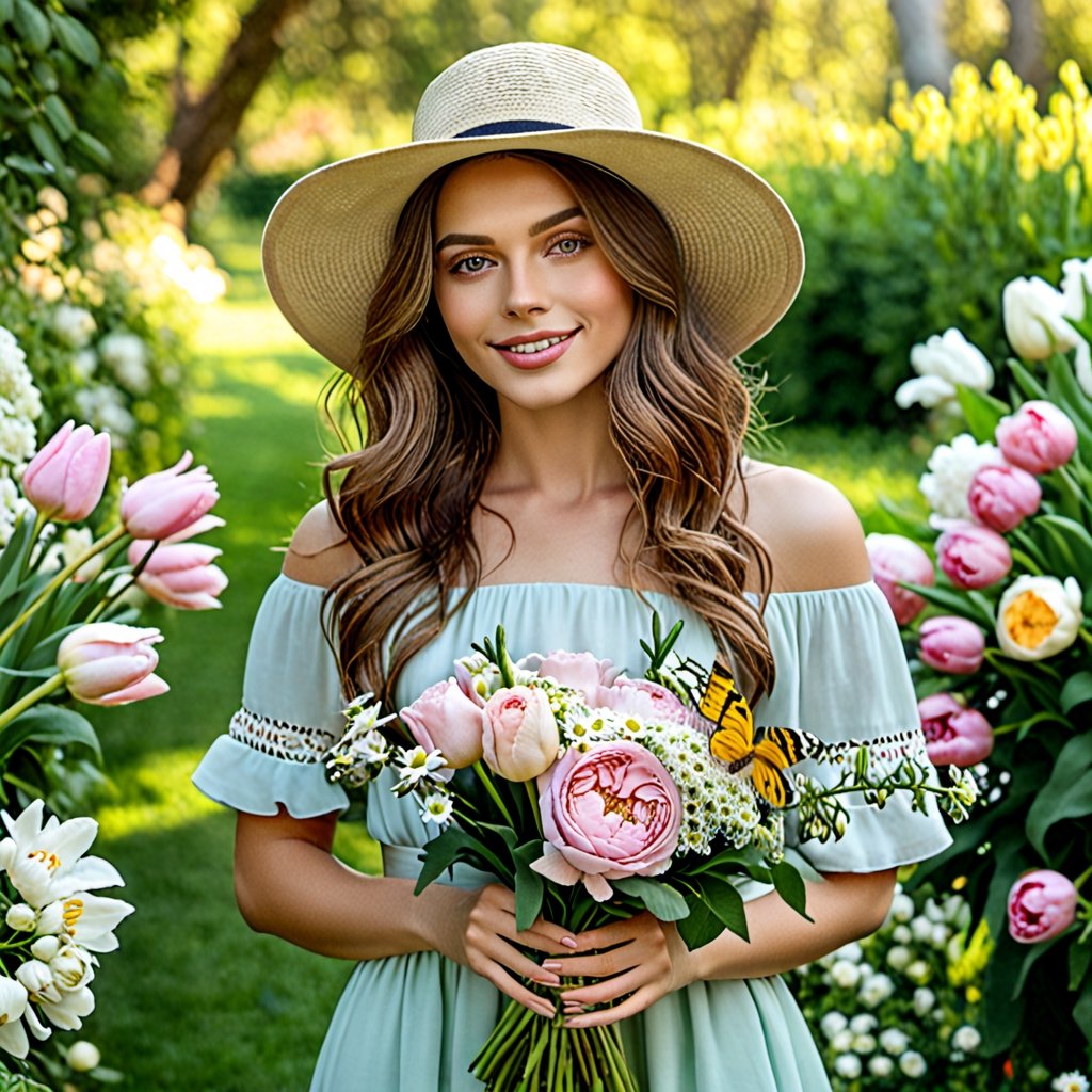 (best quality,4k,8k,highres,masterpiece:1.2),ultra-detailed,(realistic,photorealistic,photo-realistic:1.37),medium:oil painting,1girl,colorful flowers,garden setting,natural lighting,blooming flowers,green foliage,beautiful detailed eyes,beautiful detailed lips,natural makeup,gently smiling face,brown wavy hair,floral patterned hat,delicate hands with long fingers,flowing elegant dress,holding a meticulously arranged bouquet of various flowers,freshly picked roses,tulips,lilies,peonies,daisies,hydrangeas,exquisite details on each flower petals,soft and vibrant colors,subtle shadows and highlights,gentle breeze caressing the flowers,full of life and energy,charming and confident expression,a bee hovering around the bouquet,classical and elegant atmosphere,more detail XL