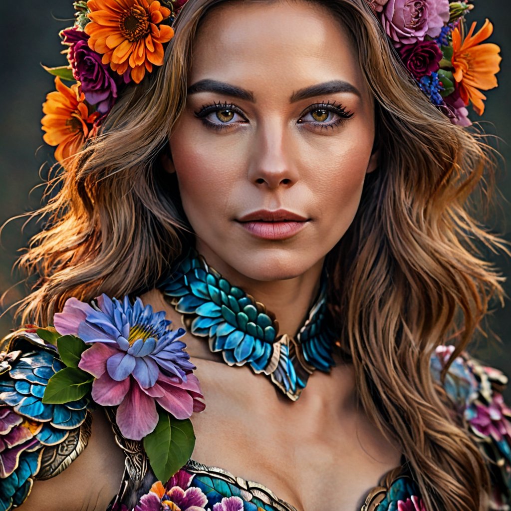 (best quality, realistic, high-resolution), colorful portrait of a woman with flawless anatomy. She is wearing a stunning flower dress that compliments her vibrant personality. Her skin is extremely detailed and realistic, with a natural and lifelike texture. The background is dark, which creates a striking contrast to the colorful flowers adorning her armor. The flowers on her armor represent her strength and beauty. The lighting accentuates the contours of her face, adding depth and dimension to the portrait. The overall composition is masterfully done, showcasing the intricate details and achieving a high level of realism, Realistic