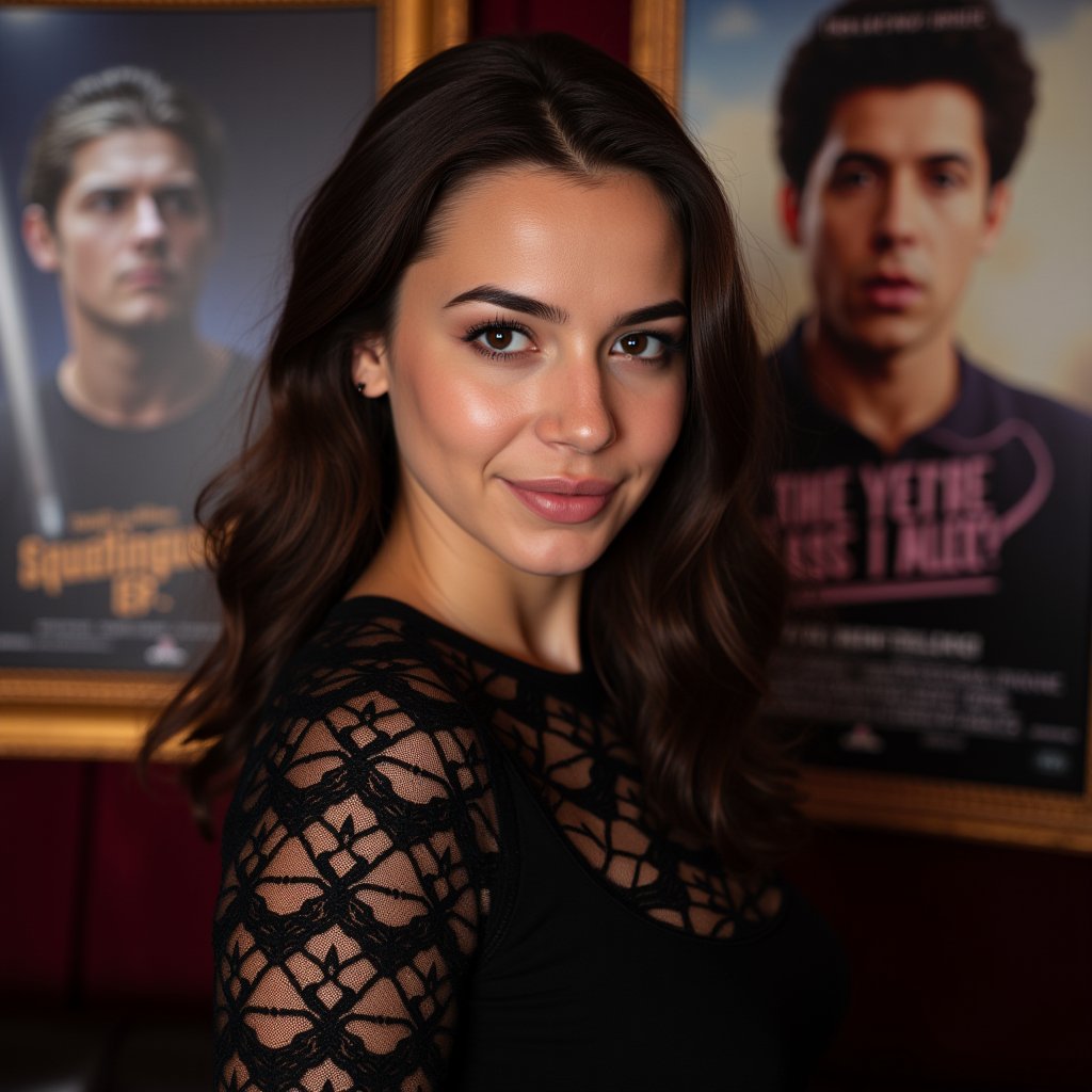  A young woman stands confidently against a movie poster backdrop, her gaze directed straight at the camera, exuding an air of confidence and allure, She wears a black top with a lace pattern, her features softly highlighted by even lighting, Off-center placement draws the viewer's eye towards her, while a subtle hint of a man in the background adds depth to the scene, The movie poster suggests a possible movie theater setting, 