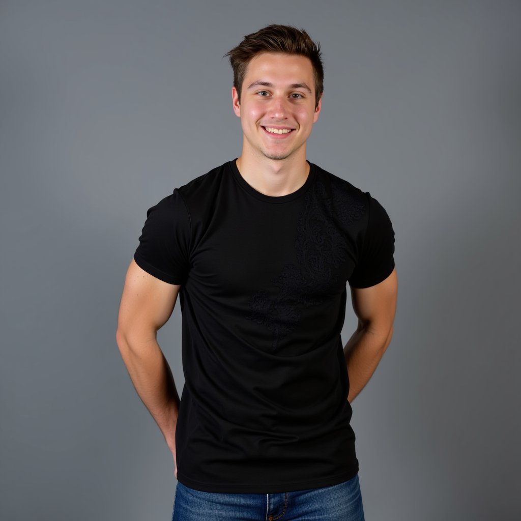  A young man stands confidently against a palin background, his gaze directed straight at the camera, exuding an air of confidence and allure, he wears a black tshirt with a lace pattern and a blue jean, he features softly highlighted by even lighting, little smiling face. (((Dynamic_pose:0.8)))