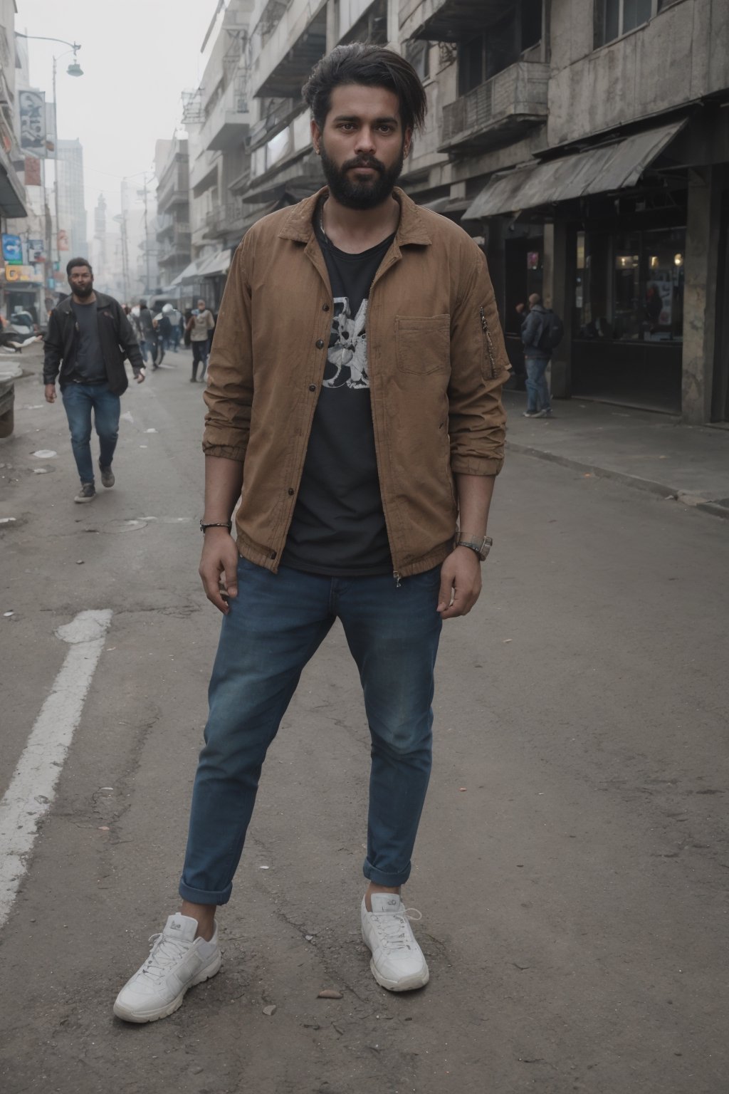 Beard man, Cinematic color grading,  Shorton ((((face correction )))Sony a7iii, perfect eyes, face corruption, angry modern hairstyle, sunglass))(( brown skin)) Realistic photo of AM standing on a street Wearing a a sweter, cyberpunk,(((man jacket,)))