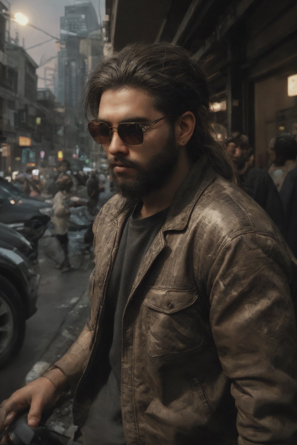 Angry man, in a war ,Shot on Sony a7iii, man, perfect lip,perfect sunglasse,(((29 yeas old, full size image,brown skin, hair tail,))) perfect face, outdoor,city background,portrait,(best quality,4k,8k,highres,masterpiece:1.2),ultra-detailed,(realistic,photorealistic,photo-realistic:1.37),professional,vivid colors,studio lighting,sharp focus,physically-based rendering,extreme detail description,portraits,urban,modern,crowded,nighttime atmosphere,warm color tones,dynamic perspective,reflection,busy streets,tall buildings,streetlights,illuminated windows, bustling city life,confident expression,fashionable attire,dynamic pose,beard,stubble, trendy haircut,clear (((sunglass))),well-defined perfectface,cheekbones,shadow play,jawline,cityscape,luxurious atmosphere,window displays,trendy neighborhood,artistic flair,photography-full size, sunglasses,esque,bokeh,street art,metro station,motion blur,skyscrapers,city lights.,Beard man ,30 year old man,Beard city,CyberpunkWorld,15 yo boy